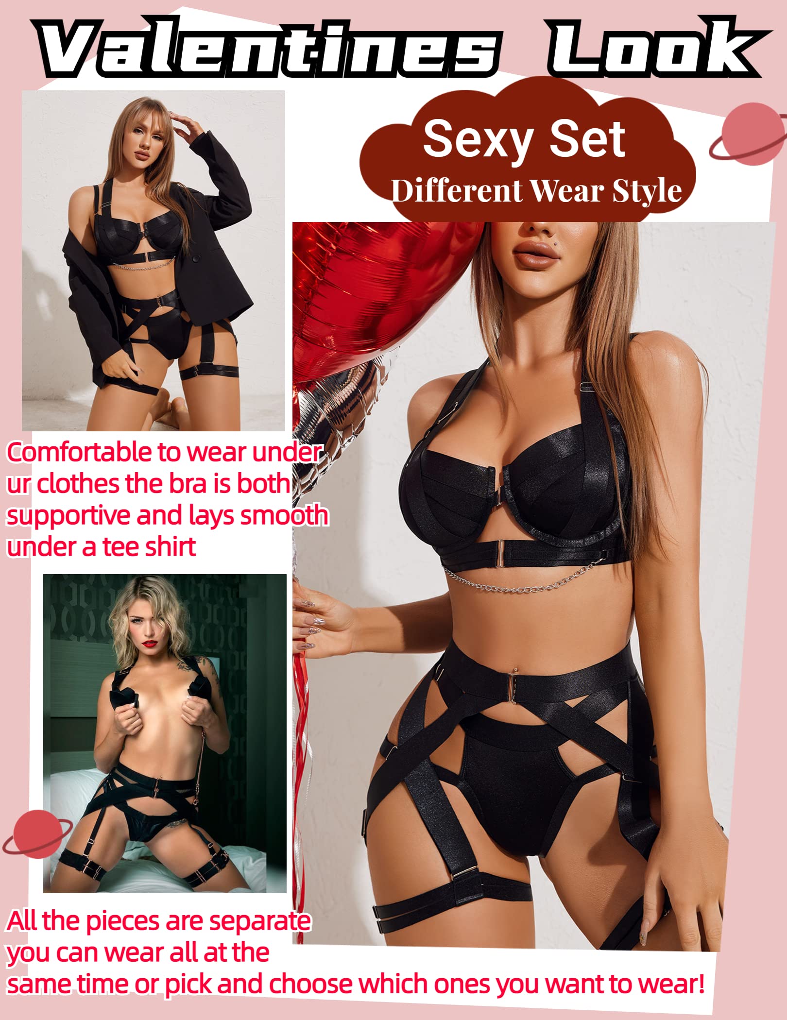 Avidlove Lingerie Set for Women Sexy Strappy Lingerie Underwire Push Up Bra Garter Set Lingerie with Chain: Large Black
