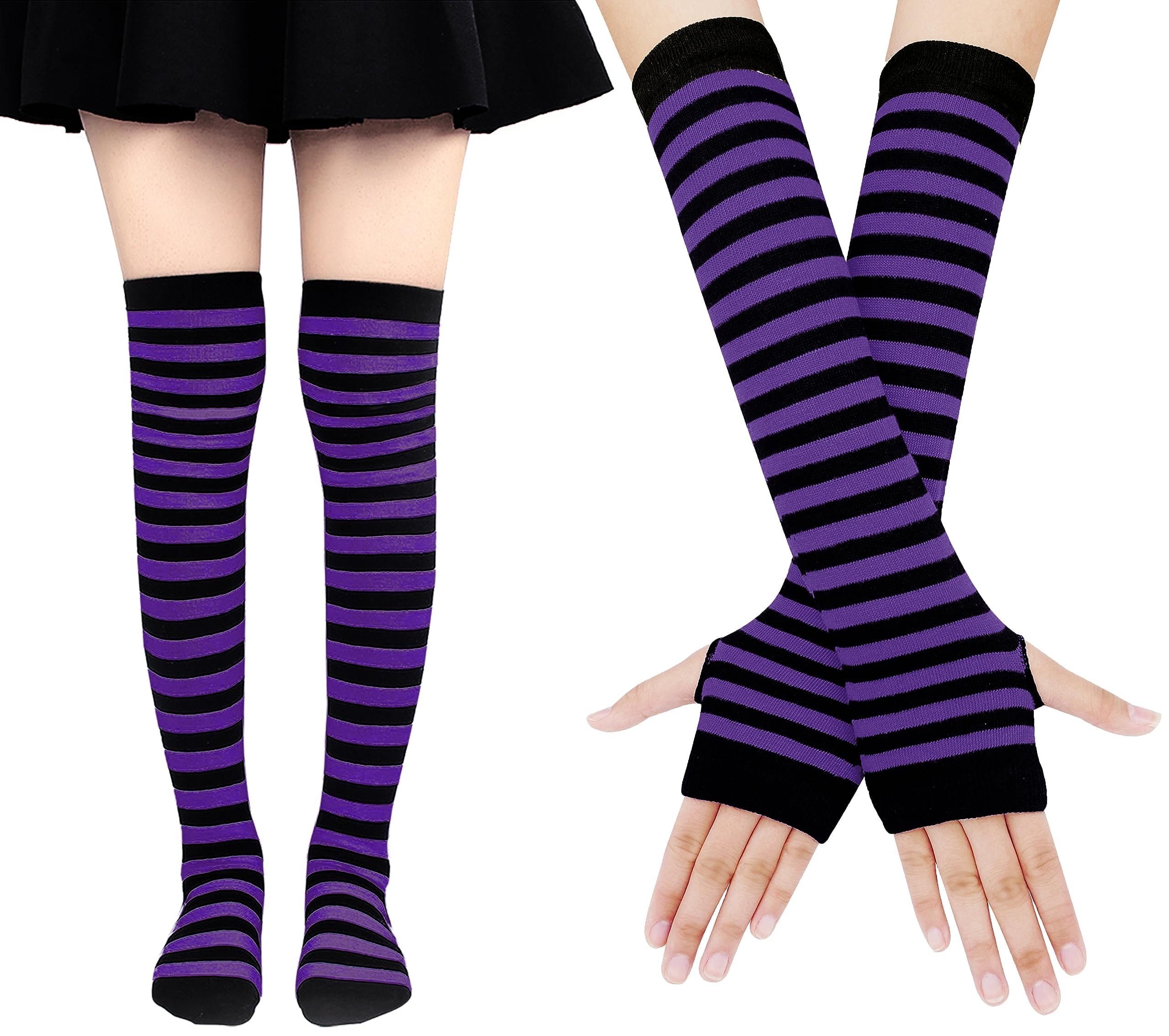 Bienvenu Womens Socks Striped Knee High Socks Arm Warmer Fingerless Gloves Set - Image 1