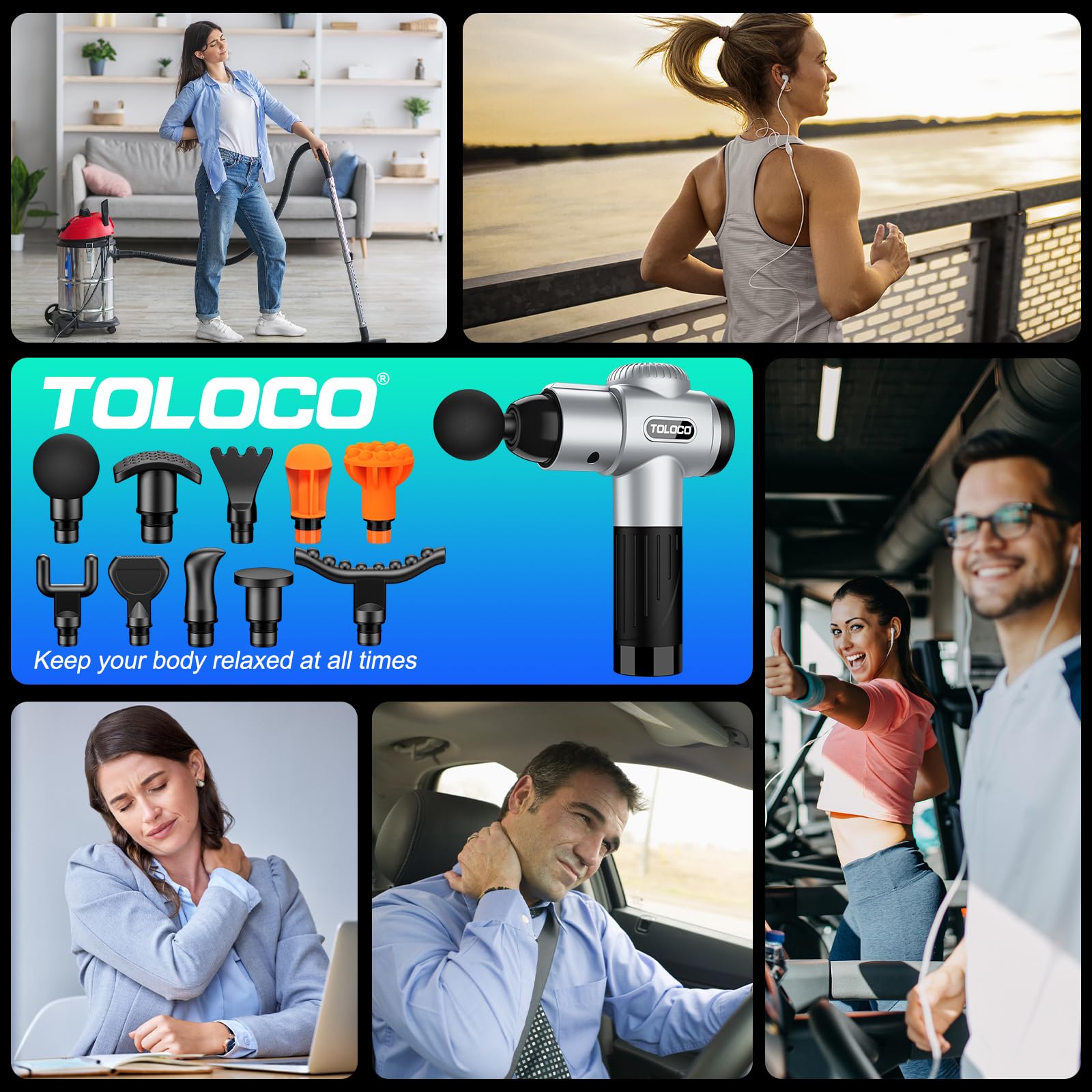 TOLOCO Massage Gun, Deep Tissue Back Massage for Athletes for Pain Relief, Percussion Massager with 10 Massages Heads & Silent Brushless Motor, Gifts for Fathers Day,: Silver