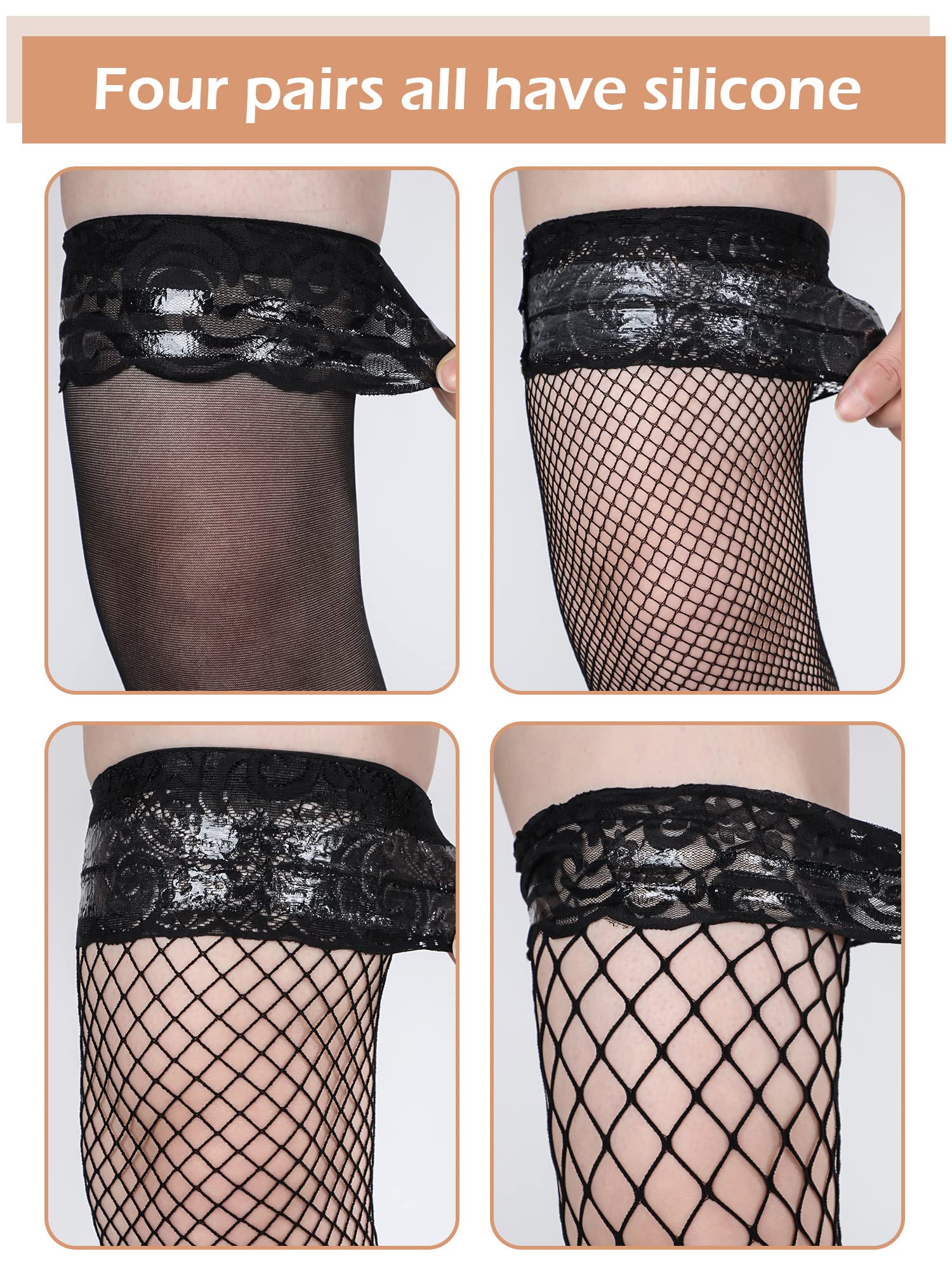Bencailor 4 Pairs Fishnet Thigh High Stocking for Women Silicone Lace Top Sheer Over Knee Silky Stockings - Image 3