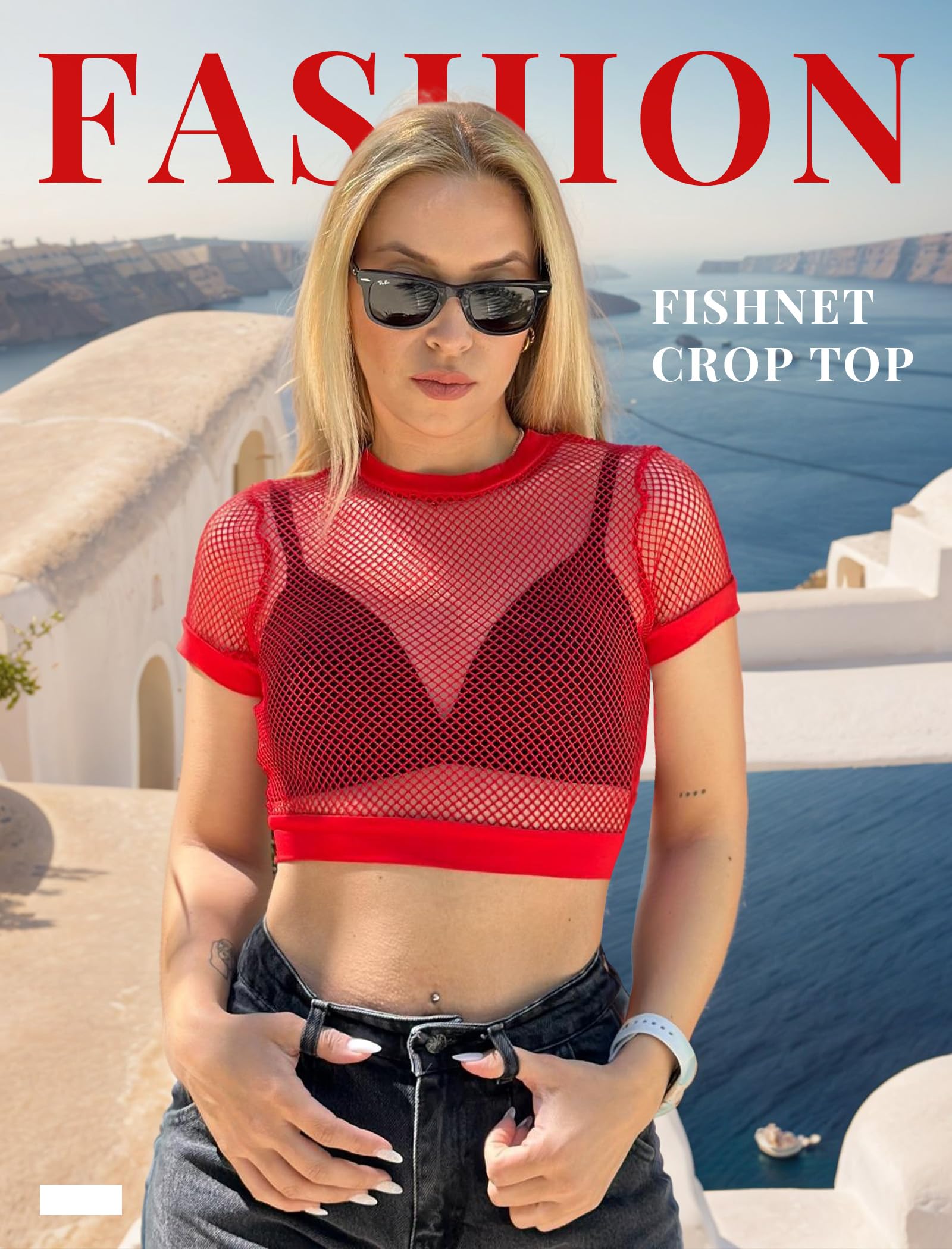 Avidlove Fishnet Crop Top for Women Y2K Short Sleeve See Through Shirt O Neck Pullover Blouse: Short Sleeve Medium Red