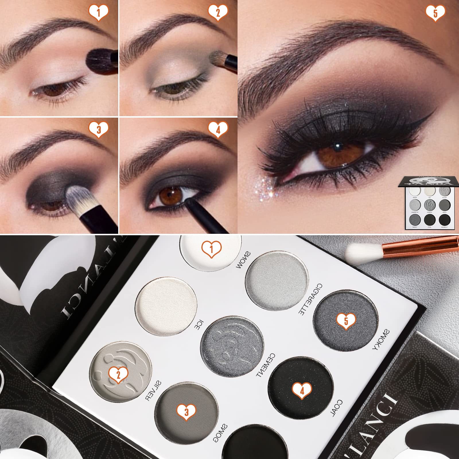 ecofavor Black Smoky Eye shadow Palette, DE’LANCI PANDA 9 Colors True Black Dark Grey Smokey Goth Makeup Pallet, 9 Soft Matte Shimmer High Pigmented Basic Black White Gray Shade for Halloween: 9 Color Black Eyeshadow Palette