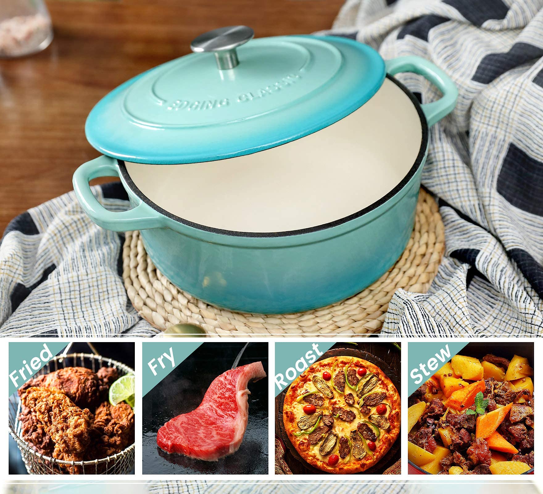 EDGING CASTING Enameled Cast Iron Covered 5.5 Quart Dutch Oven with Dual Handle, Dutch Ovens with Lid for Bread Baking, Pink: 5.5QT Peacock Blue