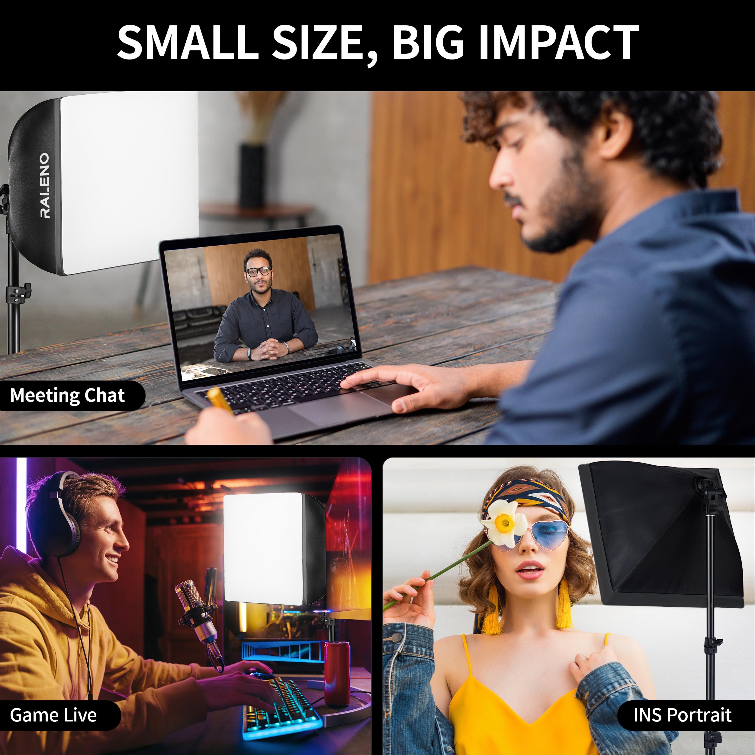 RALENO Softbox Photography Lighting Kit, 16'' x 16'' Softbox Lighting for TikTok with LED Bulb (50W | 5500K | 97 CRI | TLCI≥97), Continuous Lighting for Video Recording & Photography Shooting: Black