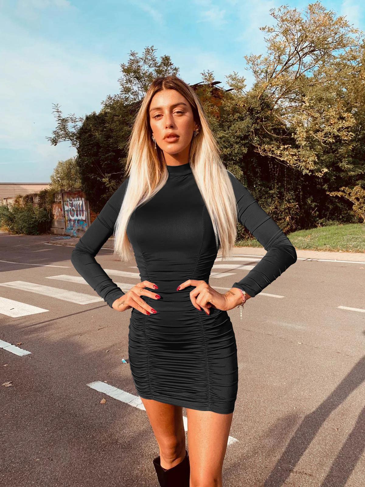 GOKATOSAU Women's Sexy Stand Neck Bodycon Long Sleeve Ruched Club Party Mini Dress: Medium Black