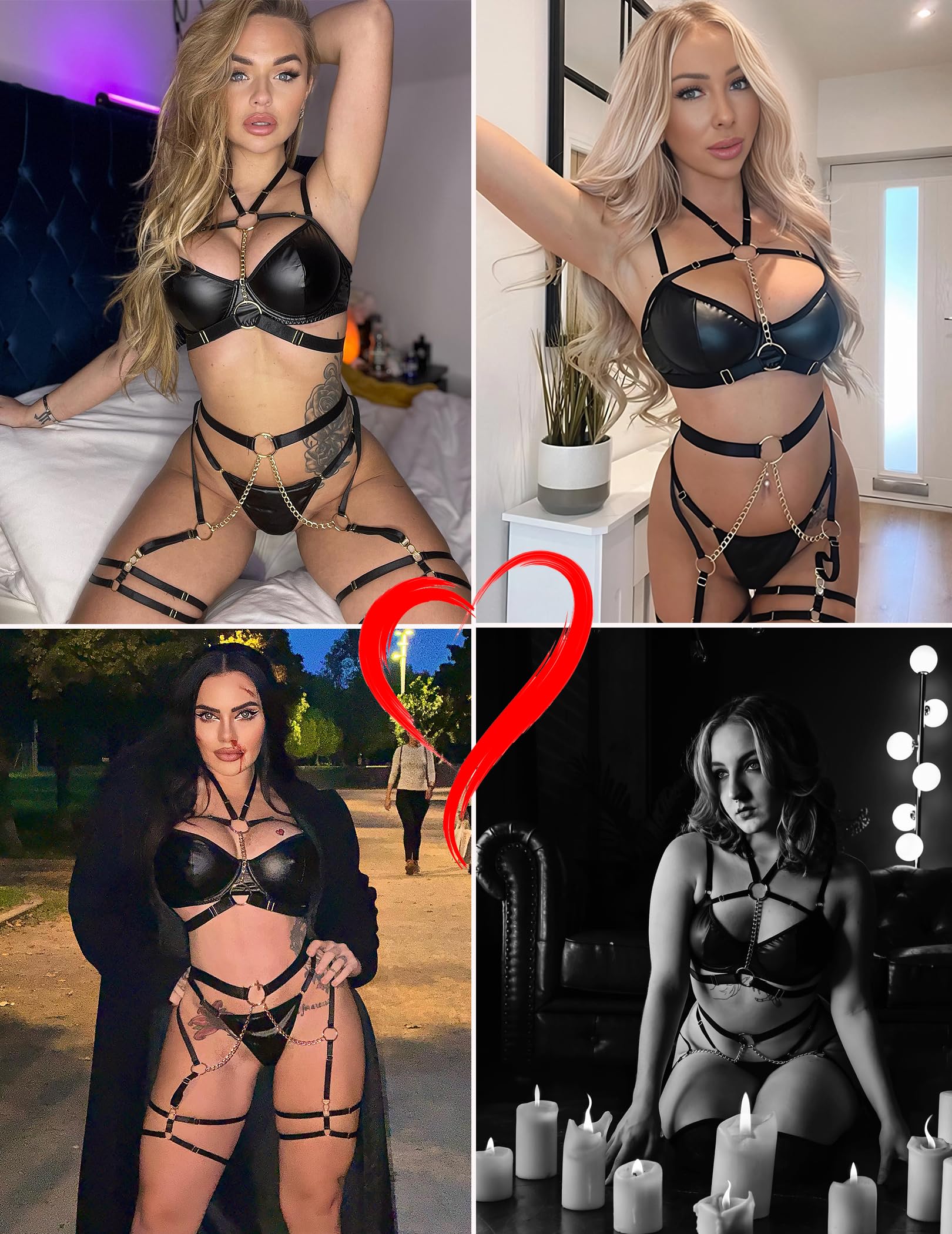 Avidlove Lingerie Set for Women Sexy Strappy 5 Piece Lingerie Garter with Underwire Push Up Bra and Chain: Large Black