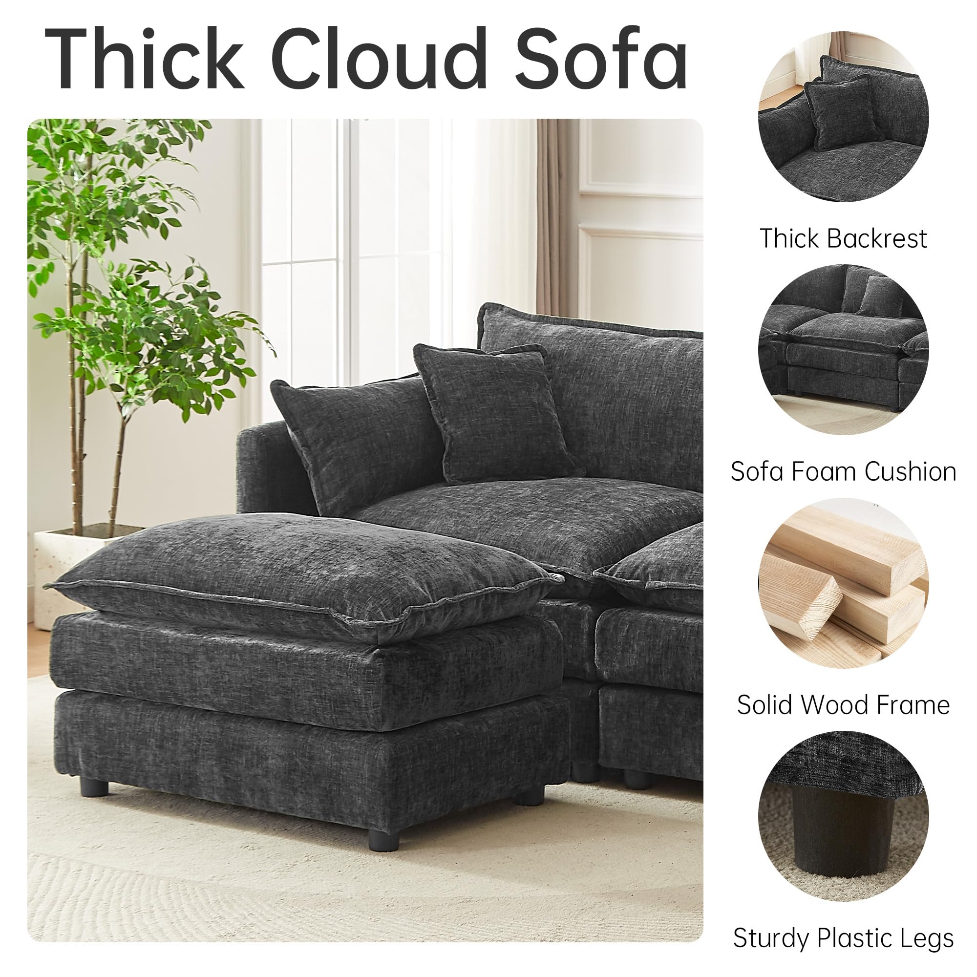 saows Modular Sectional Sofa, 112.2 Inch U Shaped Couch Set with Armrests, 3-Seater Comfy Cloud Couches with Movable Ottoman for Living Room Apartment, Grey: 112&apos;&apos; - U Shape Grey