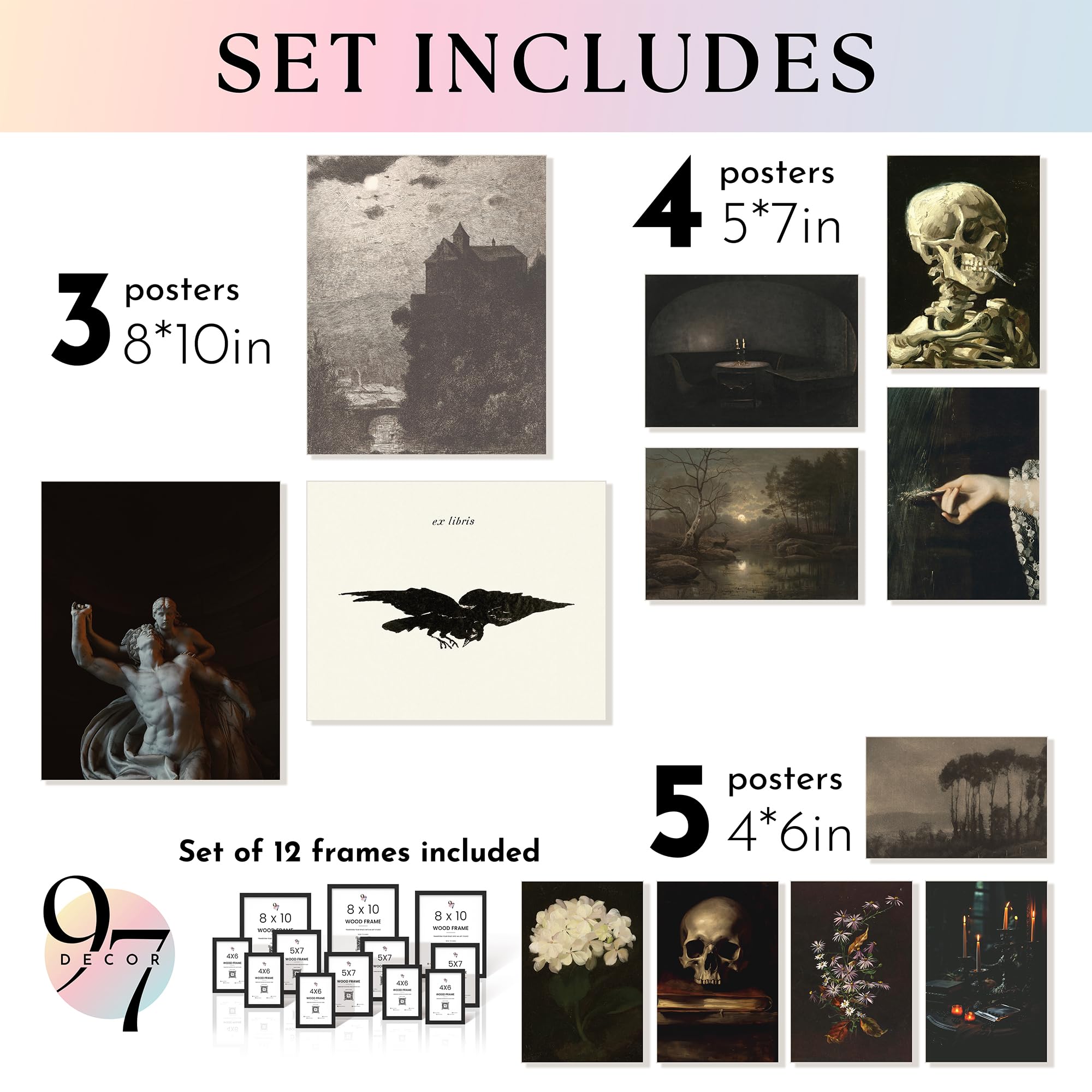 97 Decor Dark Academia Decor For Bedroom - Gothic Home Decor Aesthetic, Moody Dark Academia Wall Art, Vintage Halloween Posters For Room Aesthetic, Spooky Gothic Pictures Goth Decorations (UNFRAMED): Dark Academia BLACK FRAMED