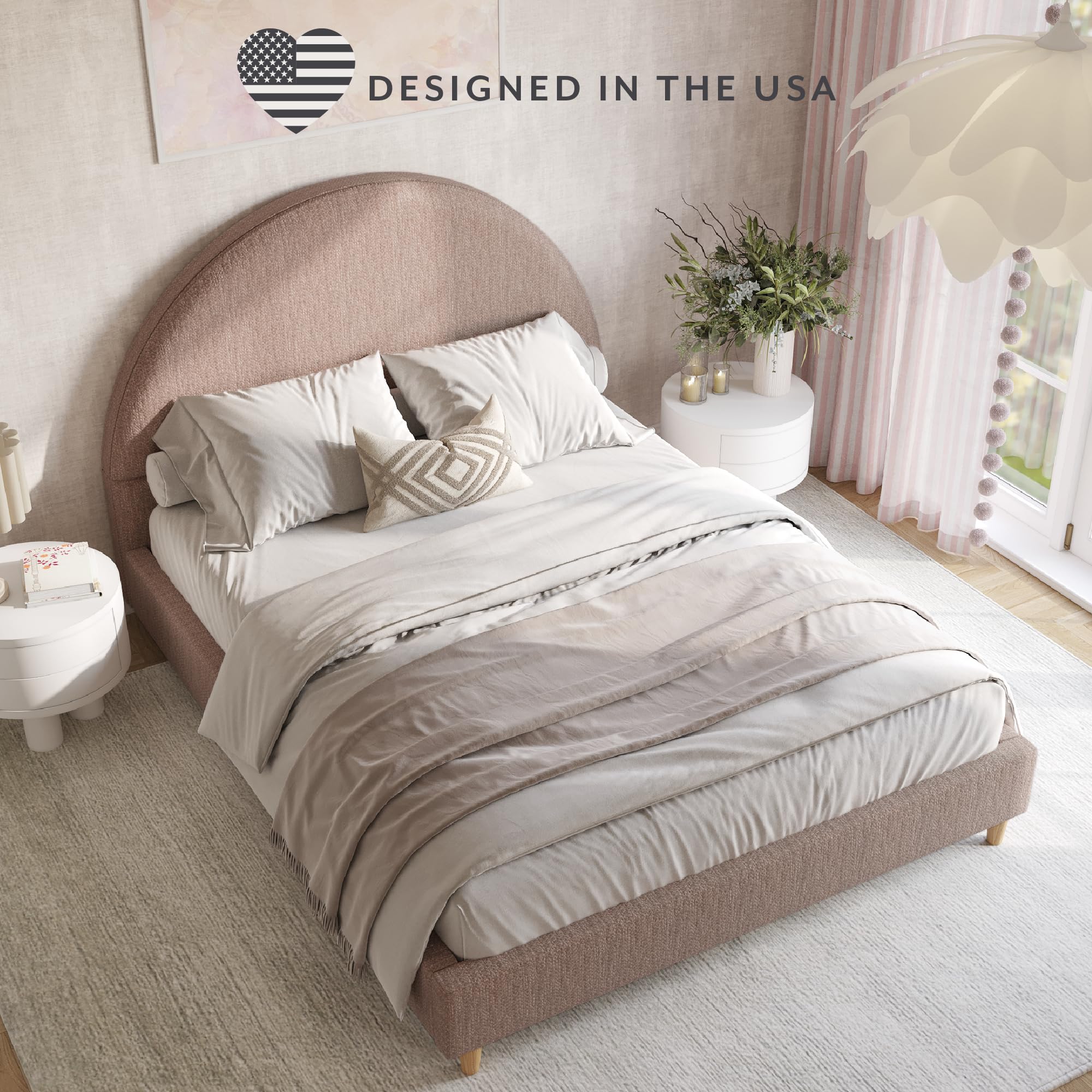 DG Casa Boucle Cloud Bed Frame with Arch Shaped Headboard, Upholstered in Soft Fabric, Platform Bed Frame with Solid Wood Legs - Boho or Modern Style - No Box Spring Needed - Queen Size