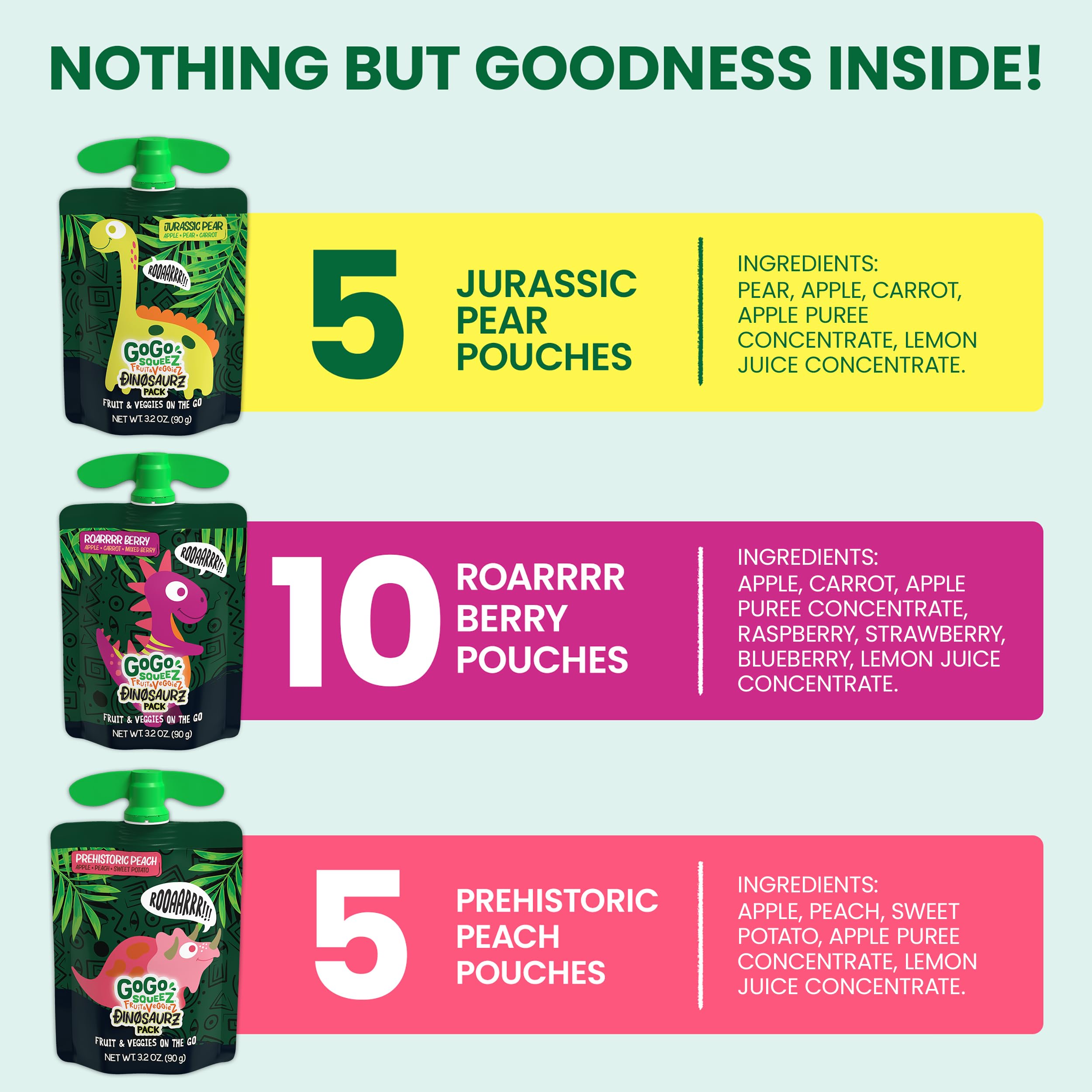 GoGo squeeZ Fruit & veggieZ Applesauce and Puree Variety Pack, Jurassic Pear, Roarrrr Berry & Prehistoric Peach, 3.2 oz (Pack of 20), Unsweetened Snacks for Kids, BPA Free Pouches: Dino Variety Pack