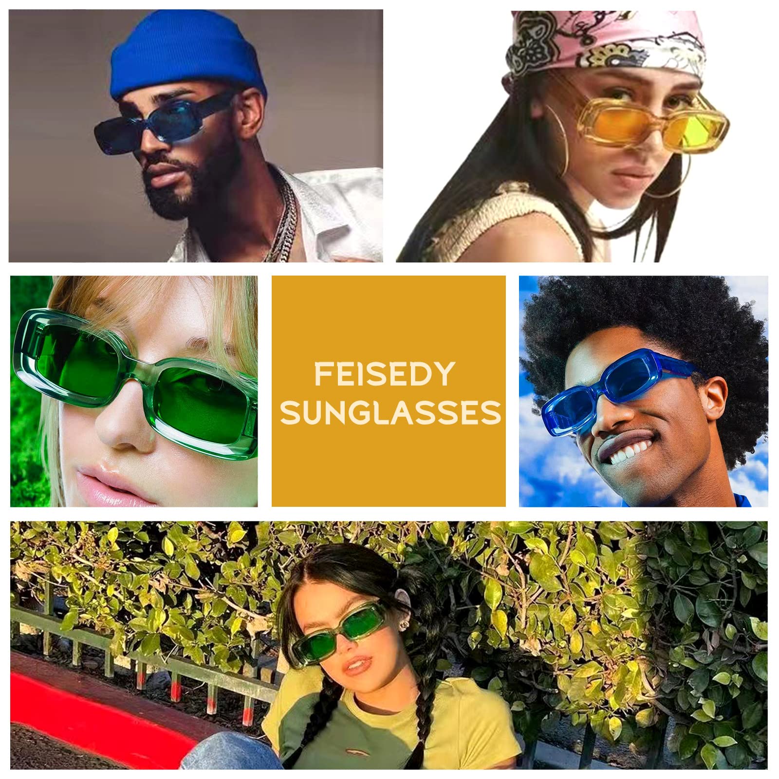 FEISEDY Retro Thick Rectangle Sunglasses Retro 90s Small Chunky Square Women Men B2307 thumbnail 5