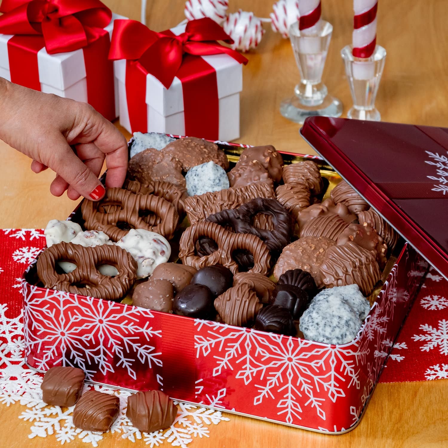 Chocolate Gift Basket- Gourmet Chocolate Snack Variety Present in Keepsake Tray- Includes Belgium Pretzels, Peppermint Patties, Sea Salt Caramels, Chocolate Espresso Beans- Bonnie and Pop - Image 2