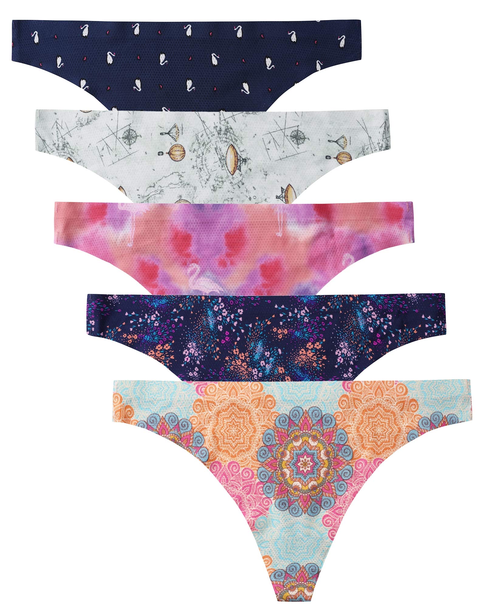 voenxe Seamless Women Underwear Thongs,No Show Ladies Thong,No Line Workout Breathable Comfortable Panties,Soft Undies,5-Pack: Small B-5 Pack Pattern Design