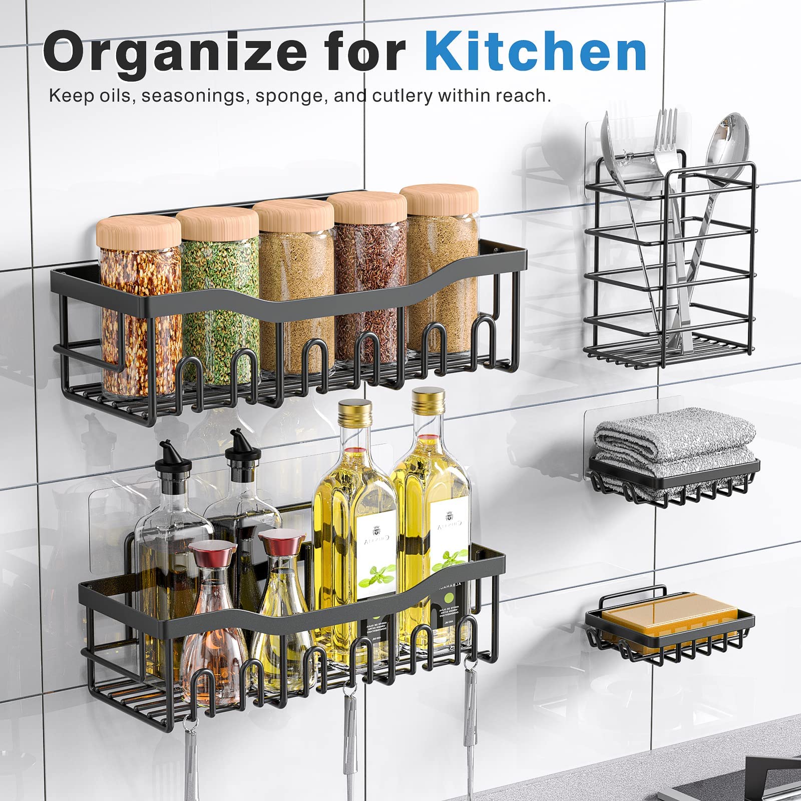 Adhesive Shower Caddy, 5 Pack Rustproof Stainless Steel Bath Organizers With Large Capacity, No Drilling Shelves for Bathroom Storage & Home Decor: upgrade-5-piece set Black