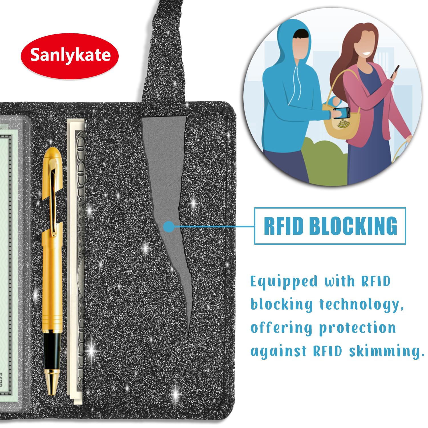 Sanlykate Glitter Checkbook Cover for Girl Women, RFID Blocking PU Leather Standard Register Check Book Case With Pen Inserts & Free Divider, Black: Black Simple Style