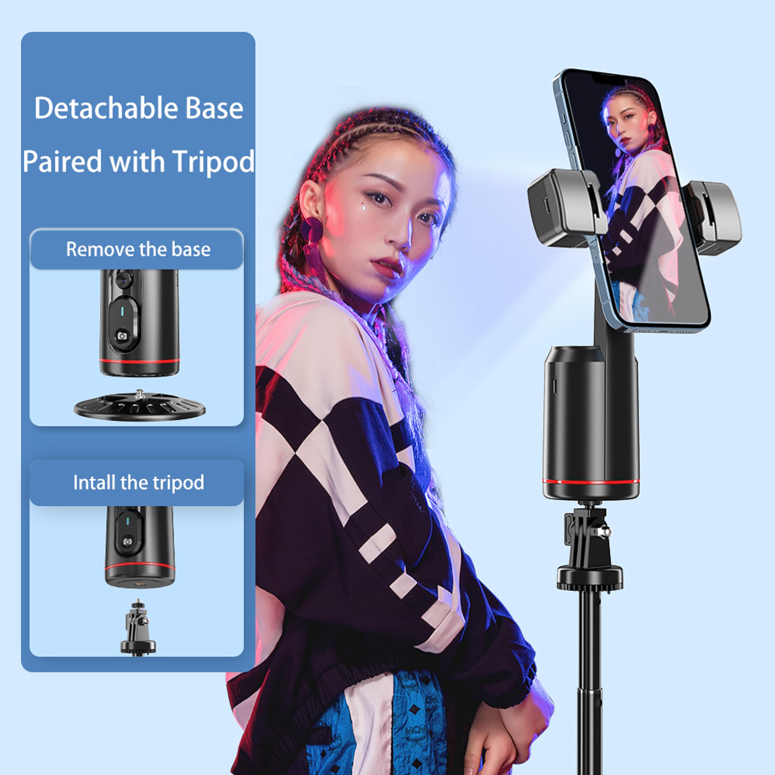 MQOUNY Auto Face Tracking Phone Holder, 360° Rotation Face Body Phone Tripod Smart Shooting Camera Mount with Rechargeable Remote and Light for Live Vlog Streaming Video, Rechargeable: Gray