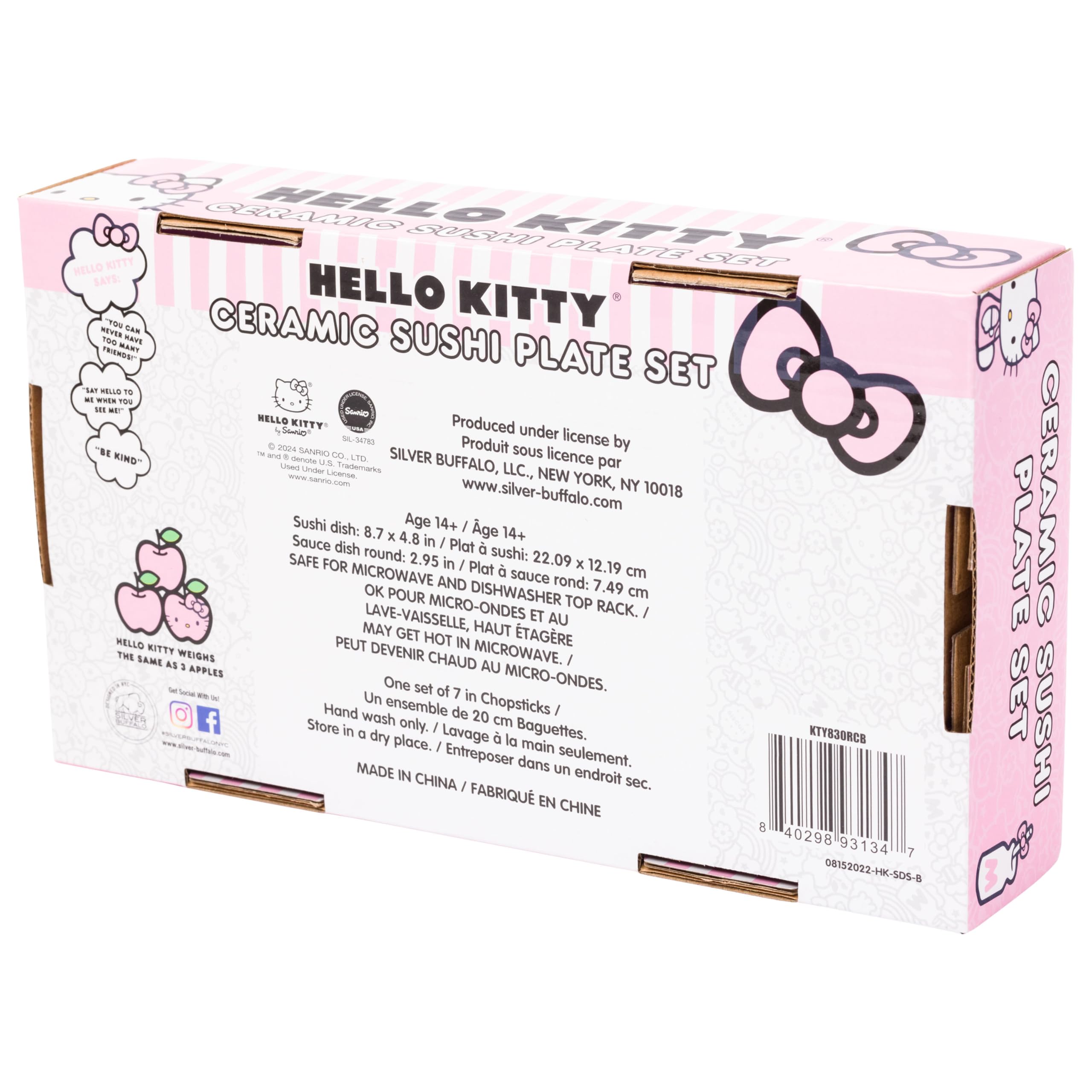 Silver Buffalo Sanrio  Kawaii Ceramic Sushi Set with Dipping Sauce Dish and Matching Chopsticks: Hello Kitty Strawberries and Bows