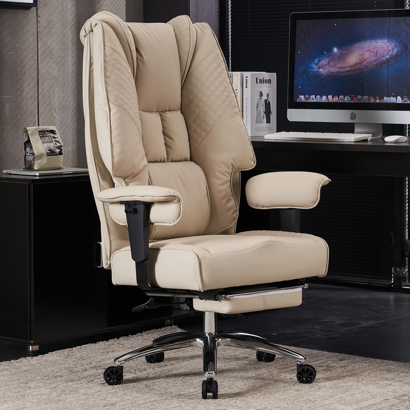 Big and Tall Office Chair 400lbs Wide Seat, Leather High Back Executive Office Chair with Foot Rest, Ergonomic Chairs Lumbar Support for Lower Back Pain Relief (): Beige