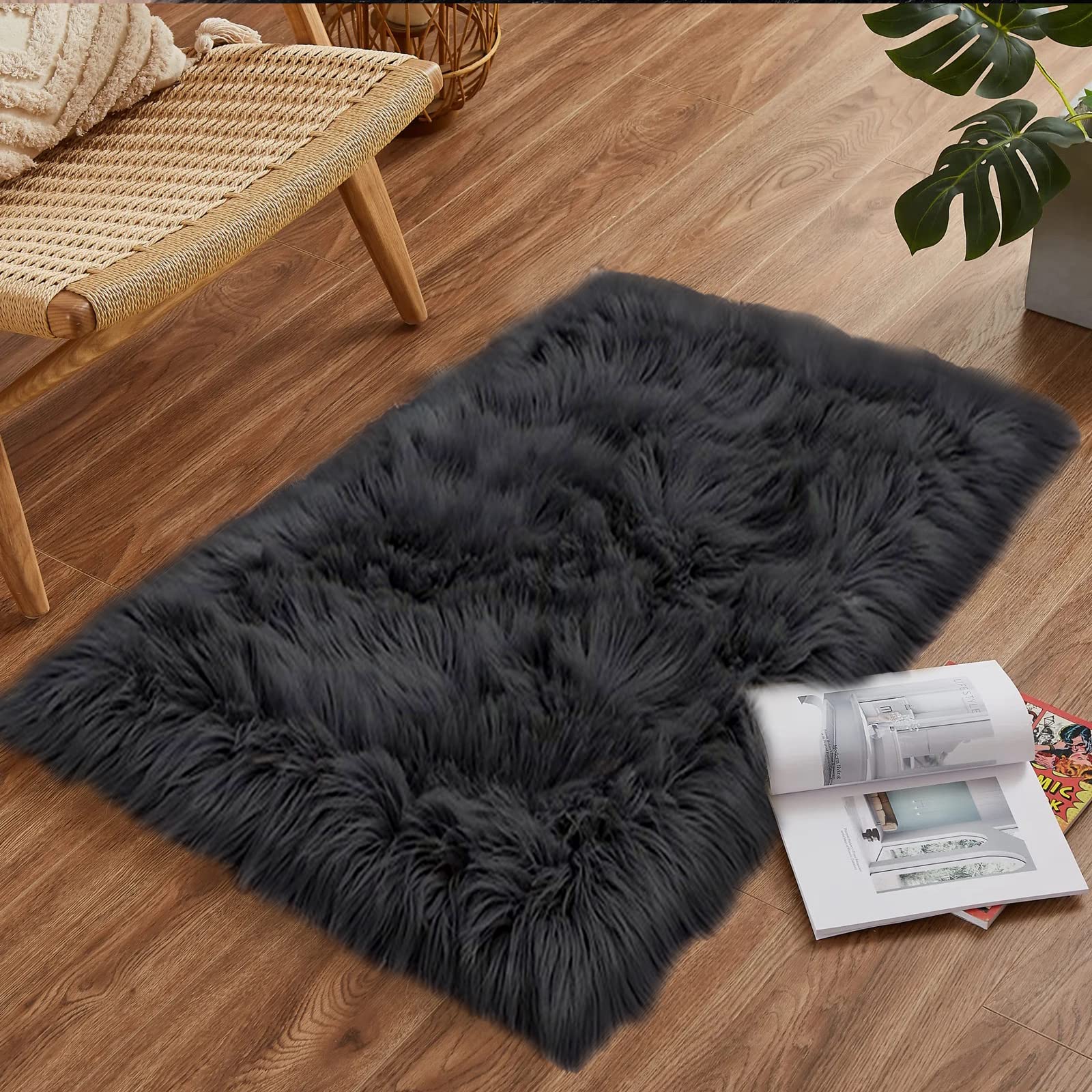 Goolela Black Fluffy Faux Fur Rug 2x3 Black Fuzzy Furry Sheepskin Rug Small Carpet for Bedroom Dorm Bathroom Washable Rectangle: 2&apos; x 3&apos; (Rectangular) Black