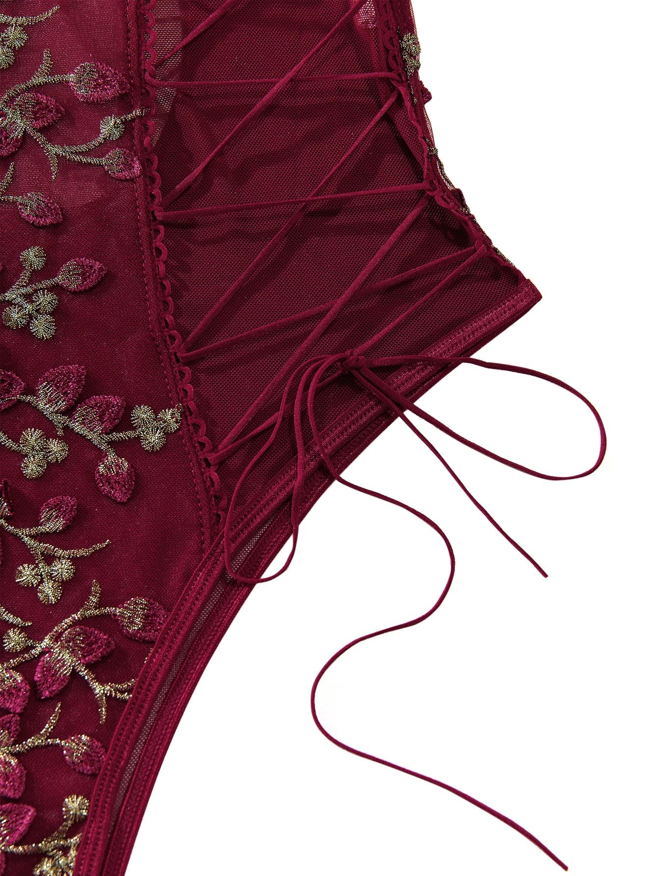 Lilosy Women Sexy Lace Up Floral Embroidered Teddy Lingerie Bodysuit Top Mesh Sheer One Piece: Small Burgundy