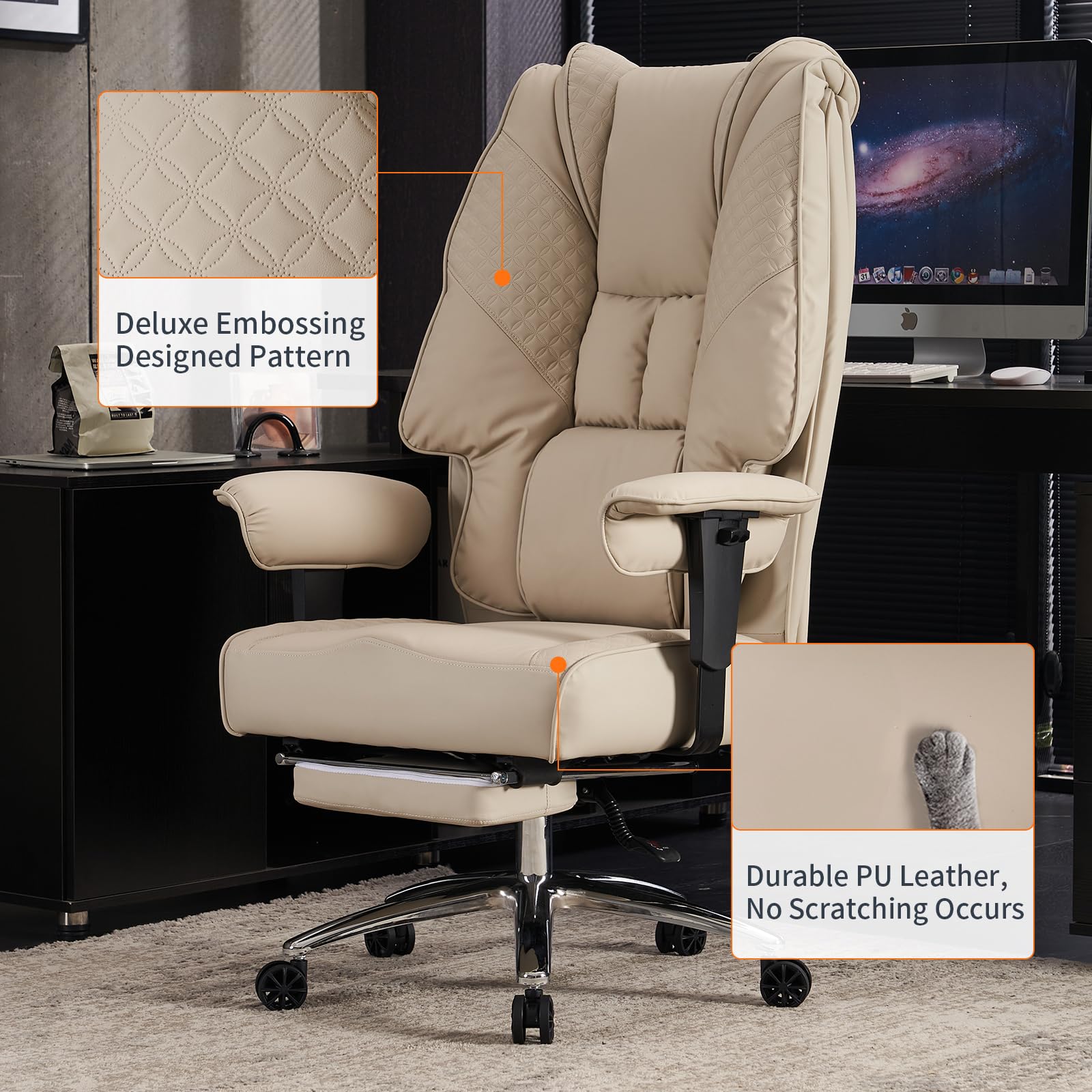 Big and Tall Office Chair 400lbs Wide Seat, Leather High Back Executive Office Chair with Foot Rest, Ergonomic Chairs Lumbar Support for Lower Back Pain Relief (): Beige