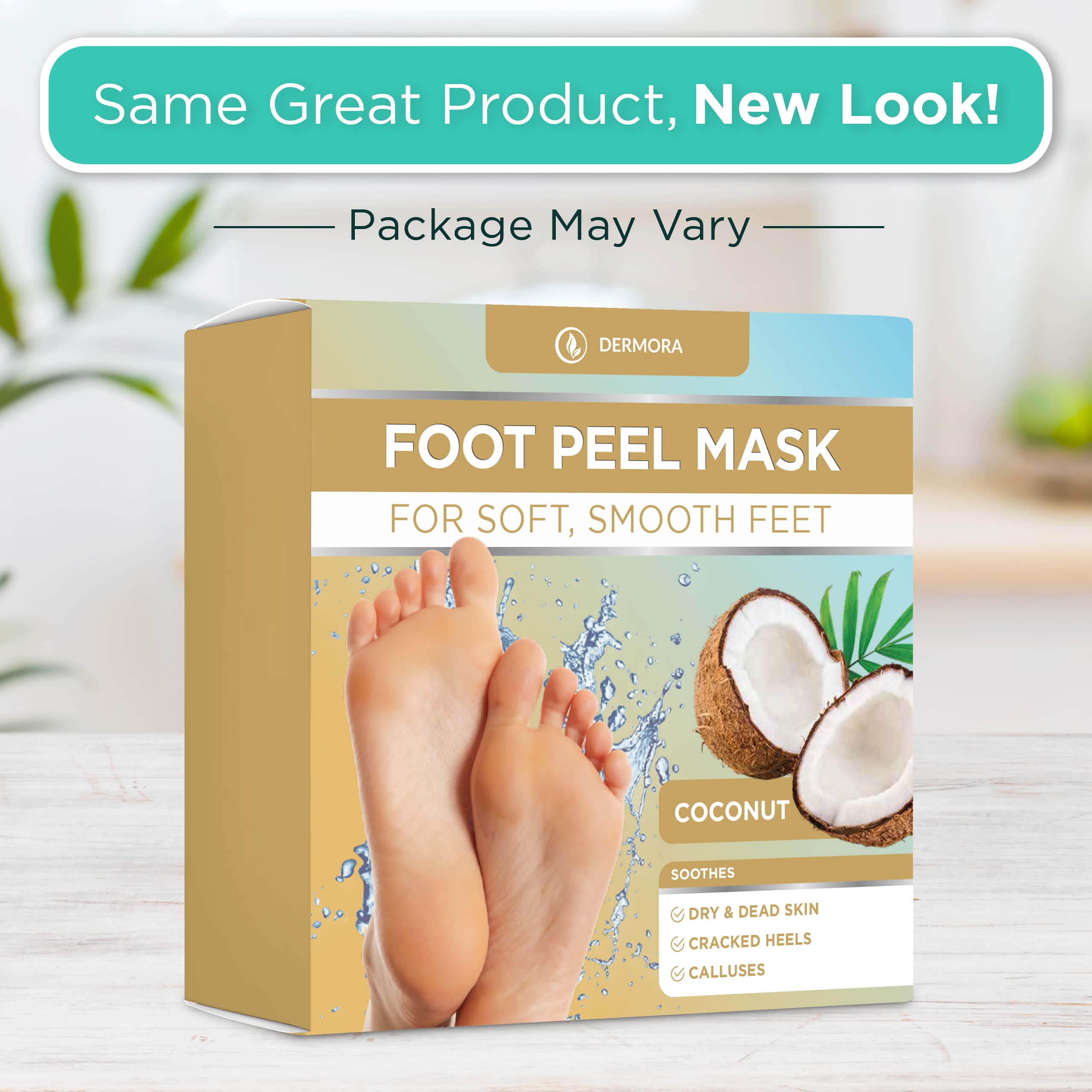 DERMORA Foot Peel Mask - 2 Pack of Regular Size Skin Exfoliating Foot Masks for Dry, Cracked Feet, Callus, Dead Skin Remover for Baby Soft Feet, Coconut Scent