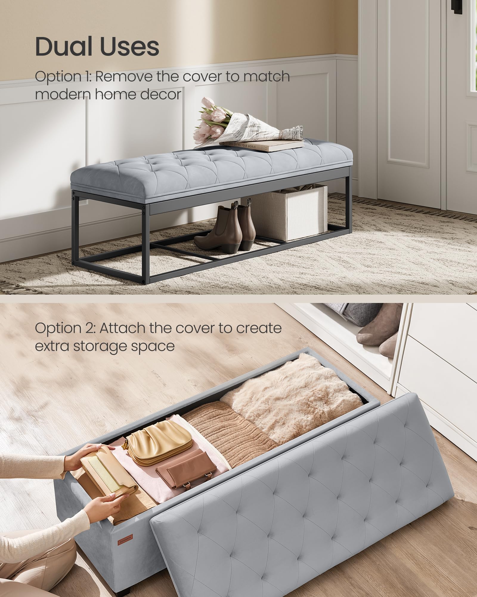 SONGMICS Velvet Storage Ottoman Bench, Foot Rest with Legs, 15.7 x 43 x 15.7 Inches, End of Bed Bench, Storage Chest, Load up to 660 lb, for Living Room, Bedroom, Entryway,  ULSF089C01: Dove Gray
