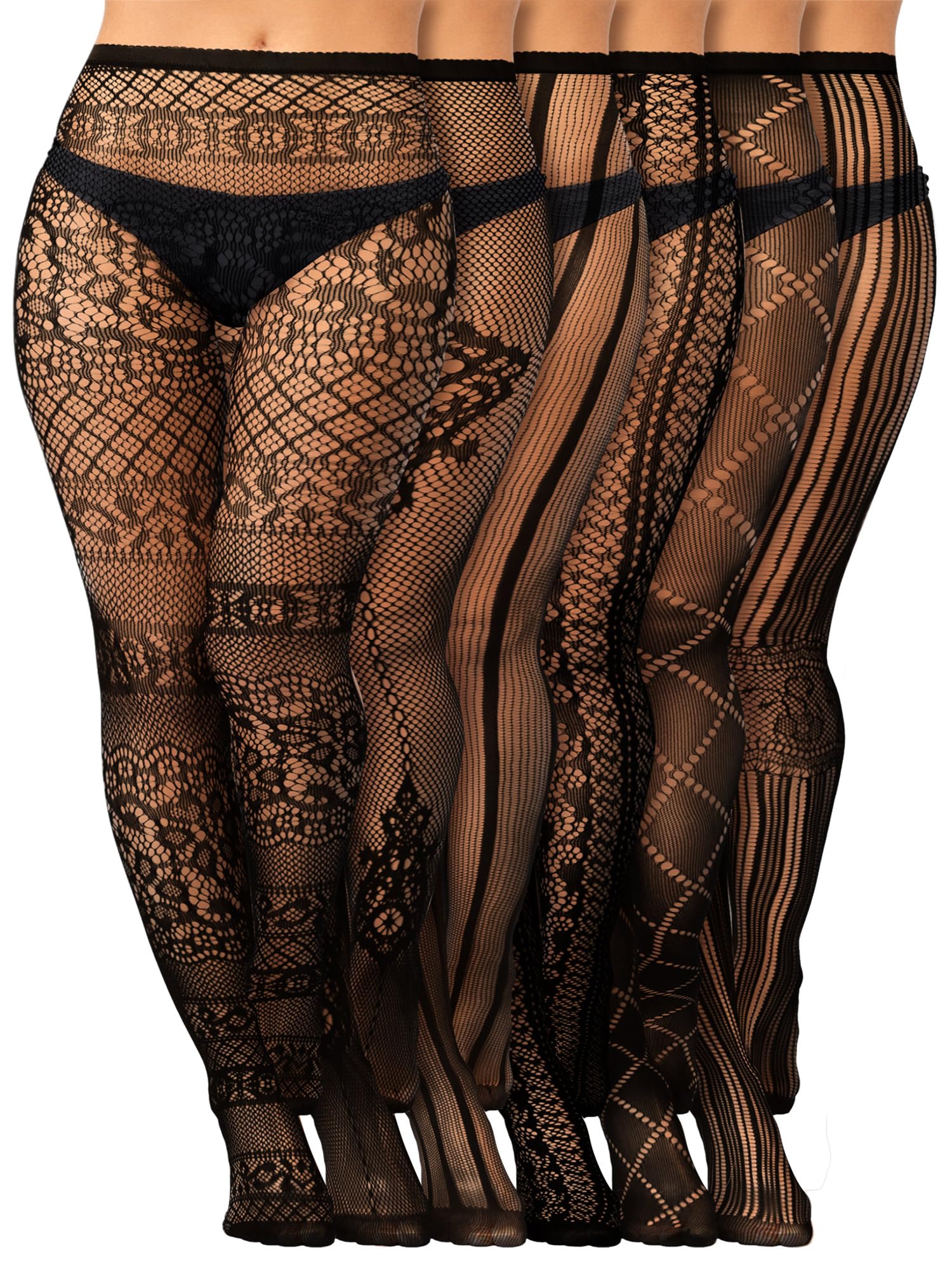 Skylety 6 Pairs Women Plus Size Fishnet Suspender Pantyhose Thigh High Stocking Garter Belt Lingerie Tights for Women L-XXXL: Fantasy Black XX-Large-3X-Large