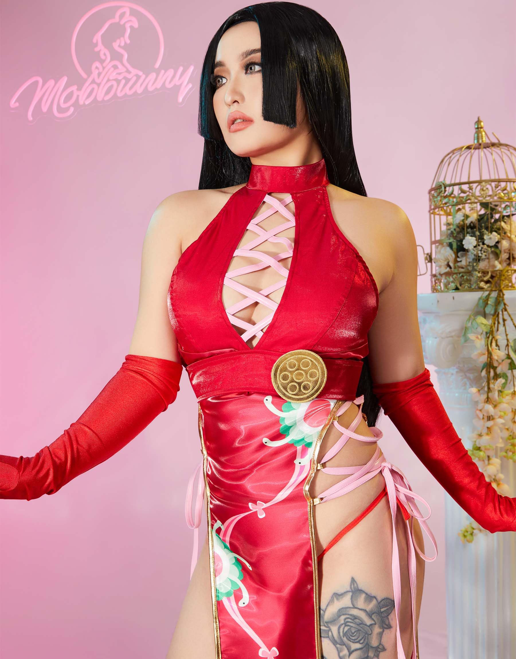 Mobbunny Women's Cheongsam Style Halter High Slit Dress Outfit Anime Cosplay Costume Halloween thumbnail 3