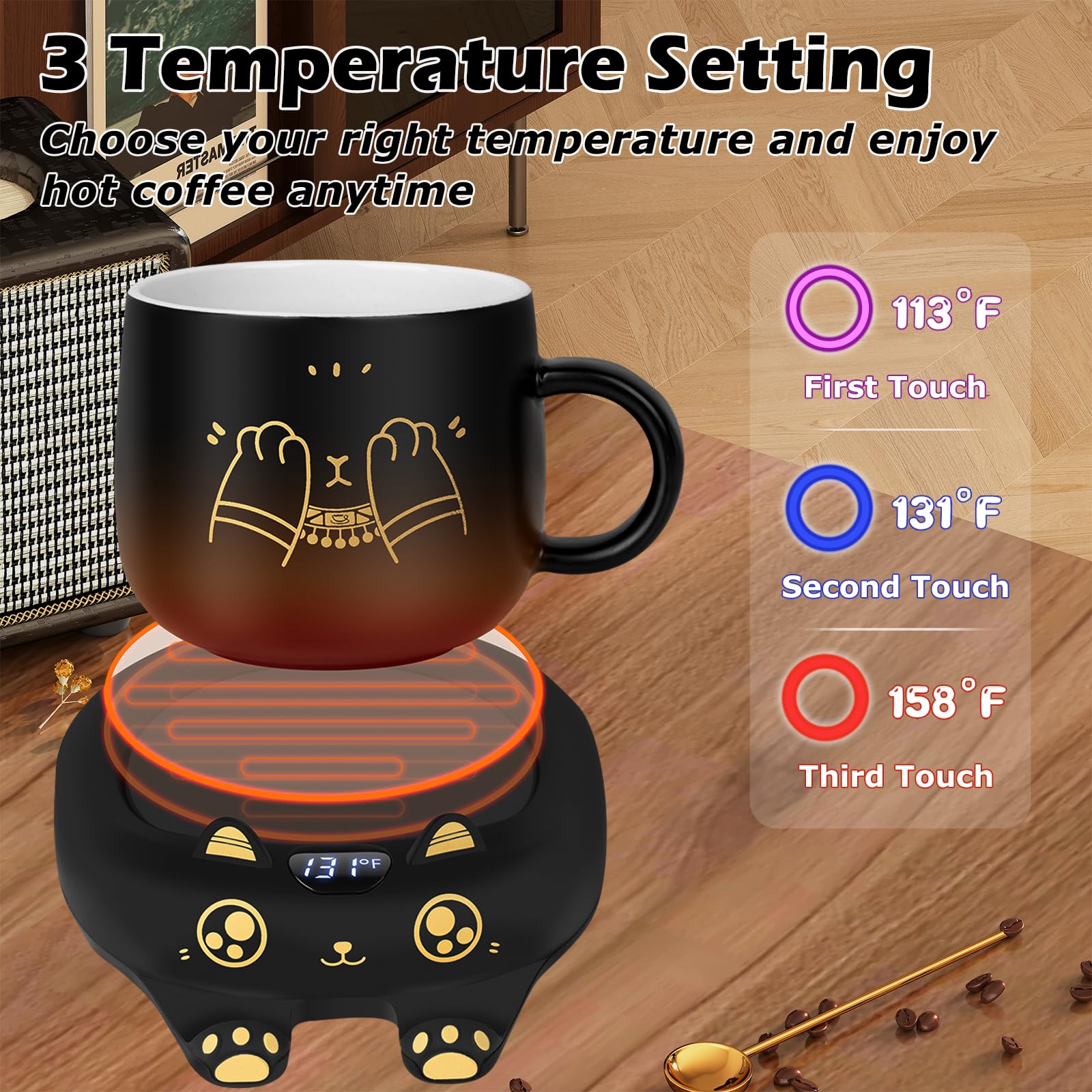 PUSEE Coffee Mug Warmer & Cute Cat Mug Set, Coffee Cup Warmer for Desk with Auto Shut Off, Beverage Warmer with 3 Temp Settings, Candle Warmer Coffee Warmer with Mug Set for Christmas & Birthday Gifts: Ador Black Set