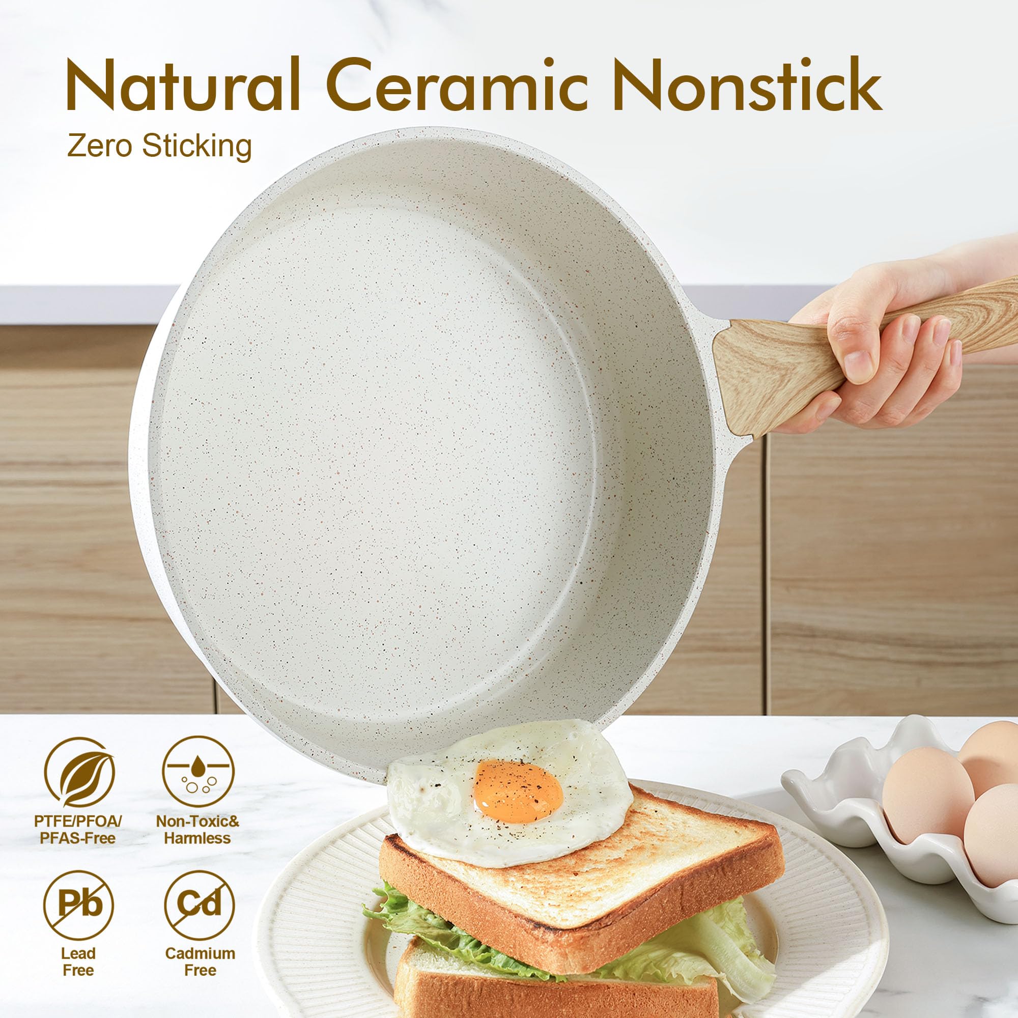 SENSARTE Nonstick Cookware Set 13-Piece, Non Stick Pots and Pans Set with Swiss Granite Coating, Healthy Kitchen Cooking Set, Stay-Cool Handles, PFOA Free: White