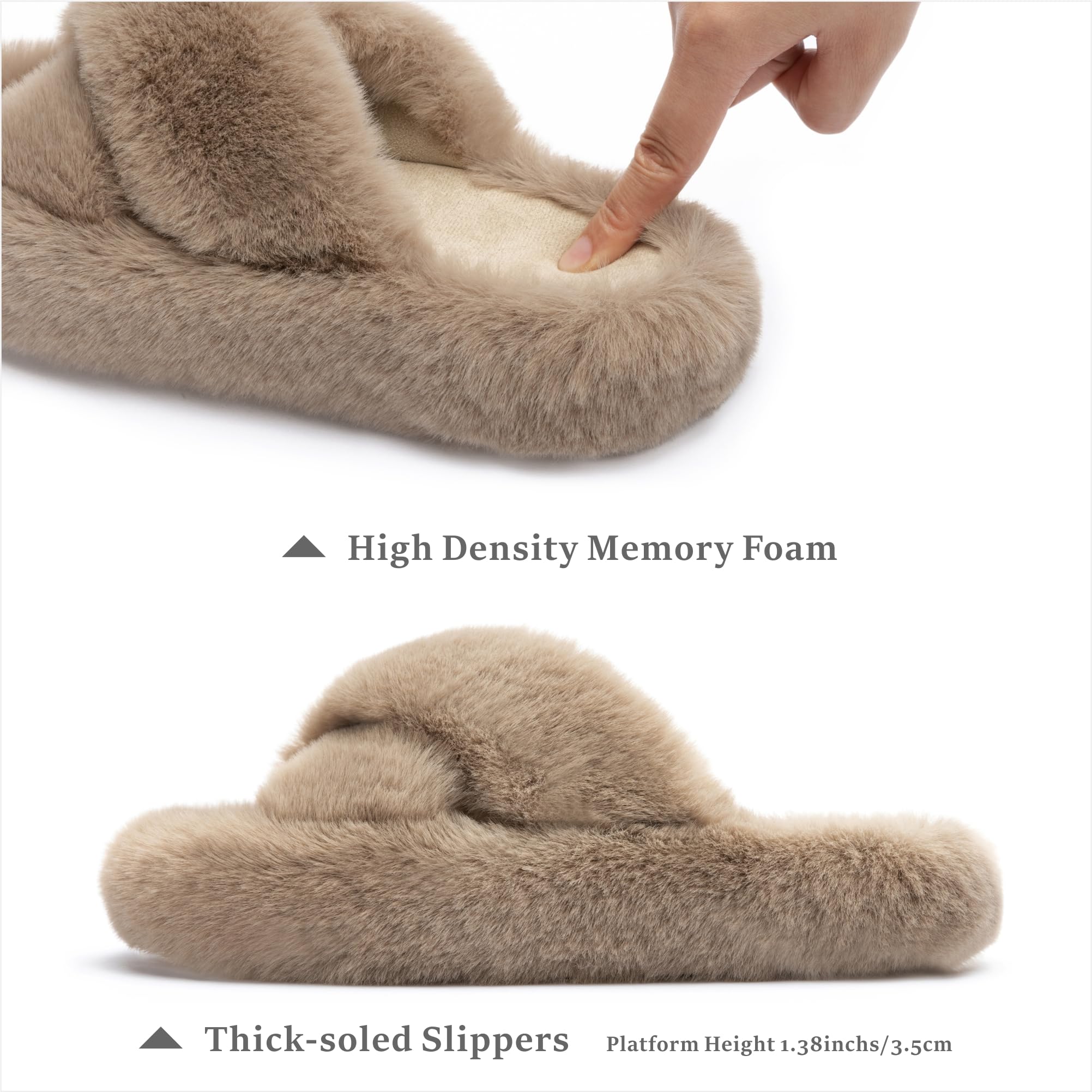 Chantomoo Women's Blue Memory Foam Faux Fur Lined Open Toe Slippers for Women - US 12: 7-8 Light Brown Cross