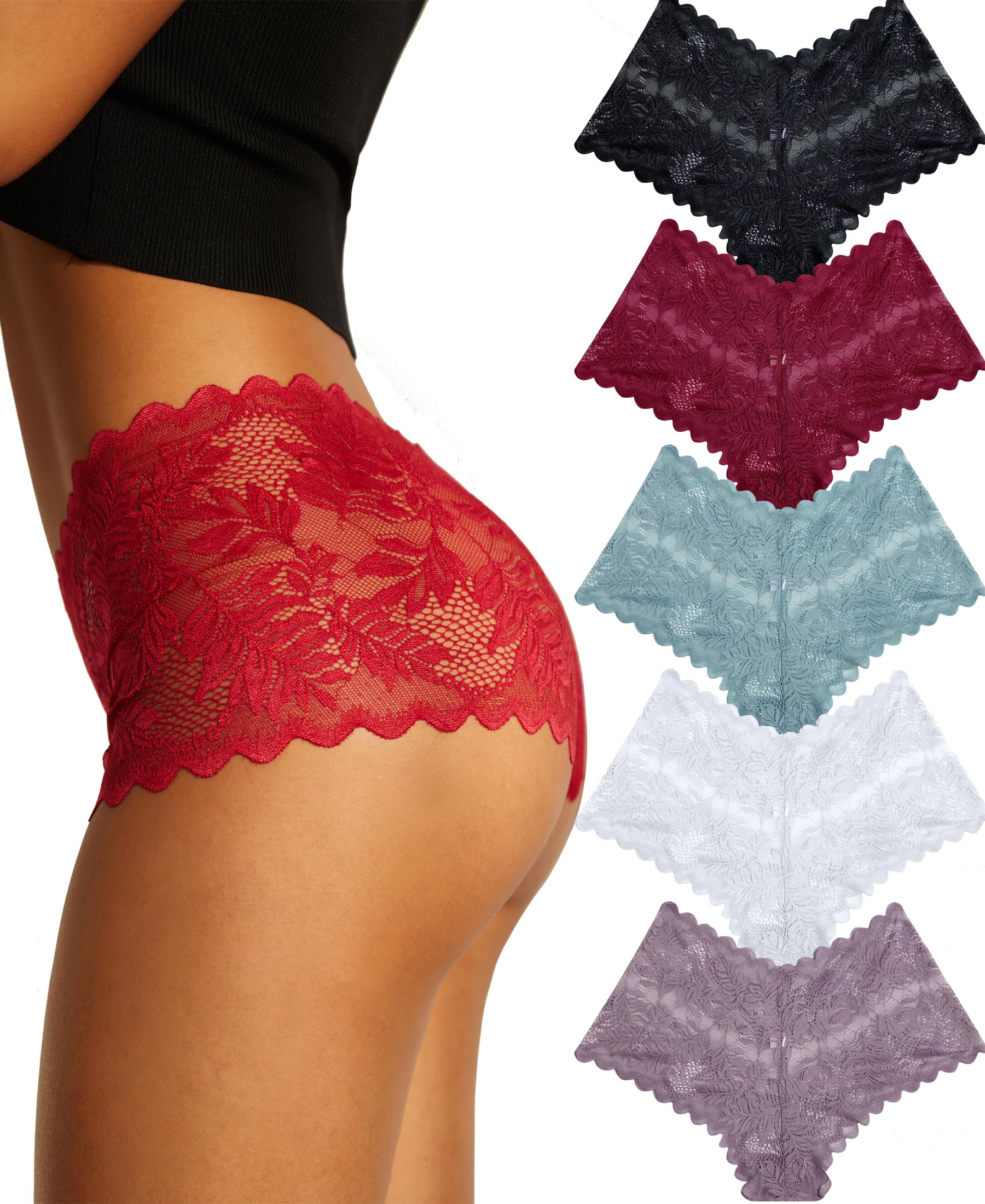 FINETOO Sexy Underwear for Women V-Waist Shorts Women' s Underwear Lightweight Soft Lace High Waist Panties 5 Pack: XX-Large A 5 Pack