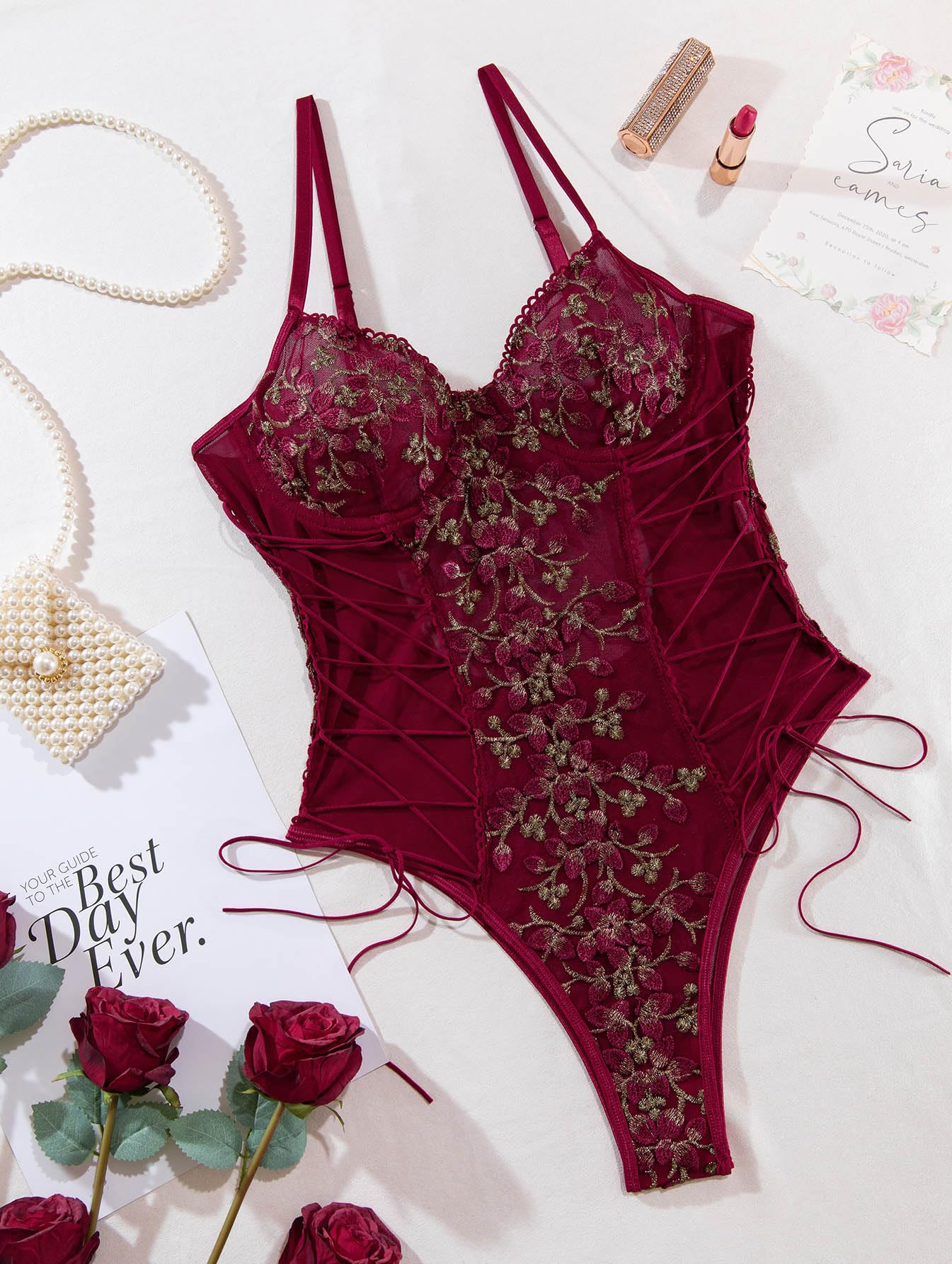 Lilosy Women Sexy Lace Up Floral Embroidered Teddy Lingerie Bodysuit Top Mesh Sheer One Piece: Small Burgundy