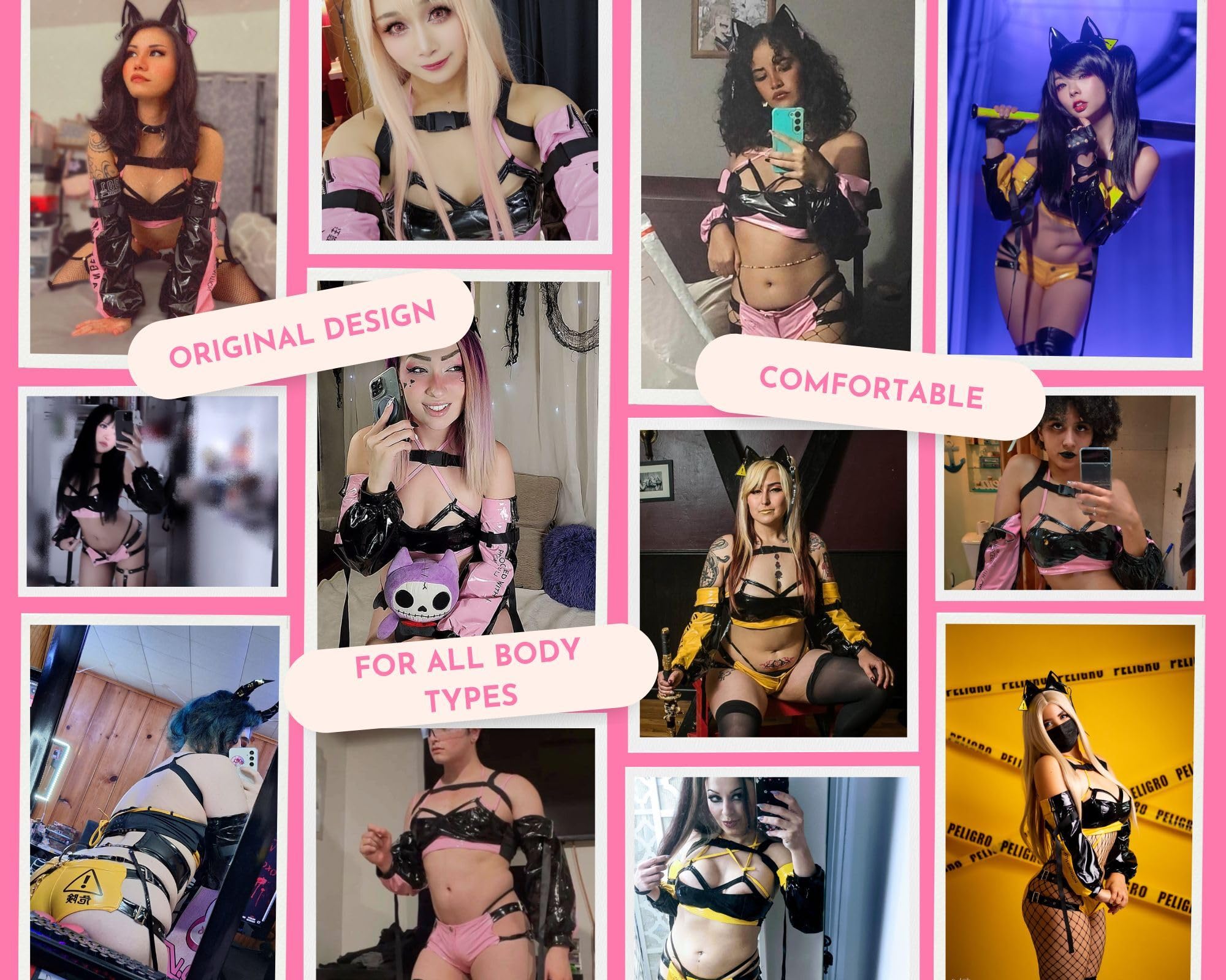 MOEFLAVOR Danger Cyber Cat Outfit Cosplay | Kawaii Anime Bikini Lingerie Maid Costume | Reg & Plus Size: L/XL Pink &amp; Black