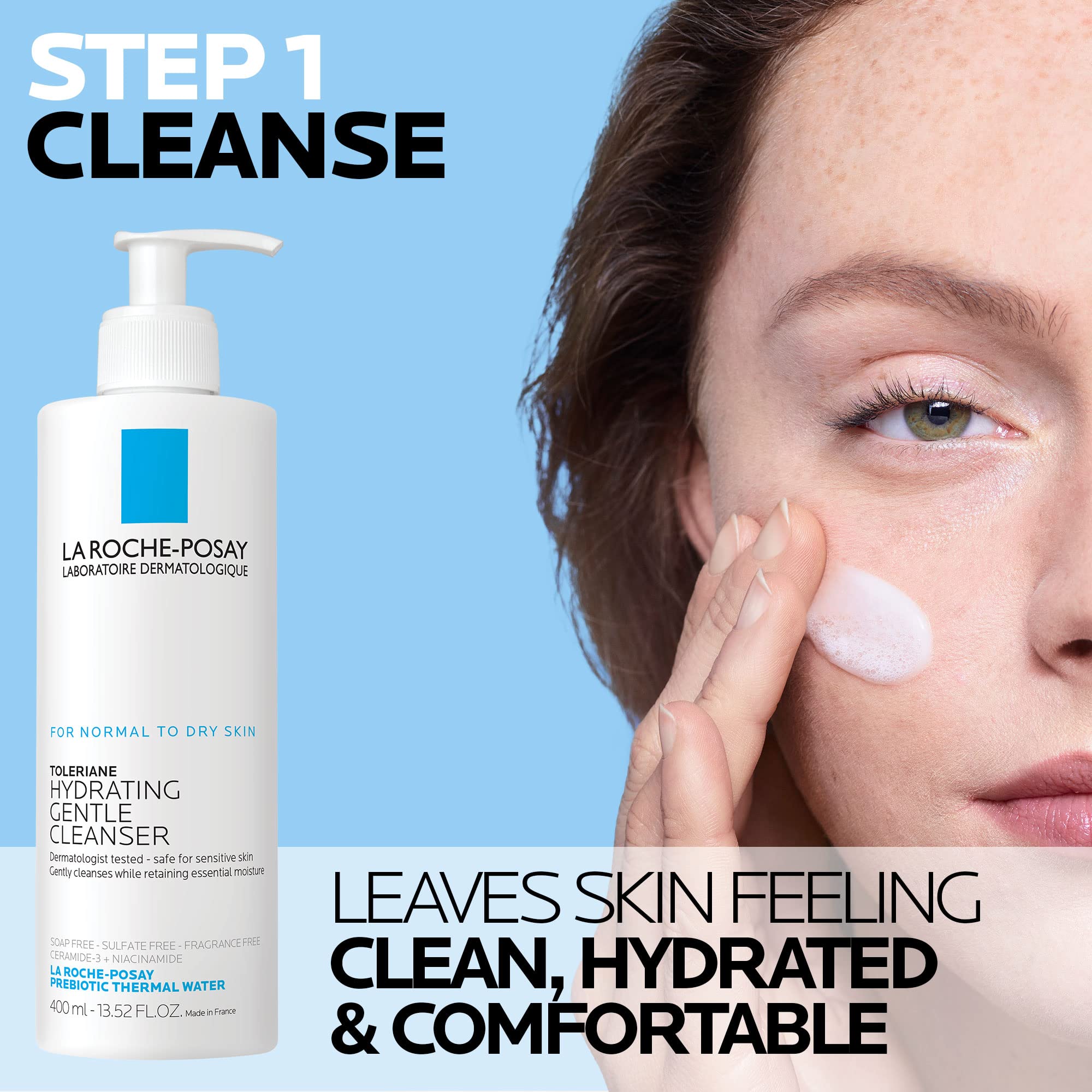 La Roche-Posay Toleriane Hydrating Gentle Face Cleanser, Hydrating Facial Cleanser With Niacinamide + Ceramides, Daily Face Wash For Dry Skin To Normal Skin, Sensitive Skin Tested, Fragrance Free: 14.87 Fl Oz (Bottle + Moisturizer)