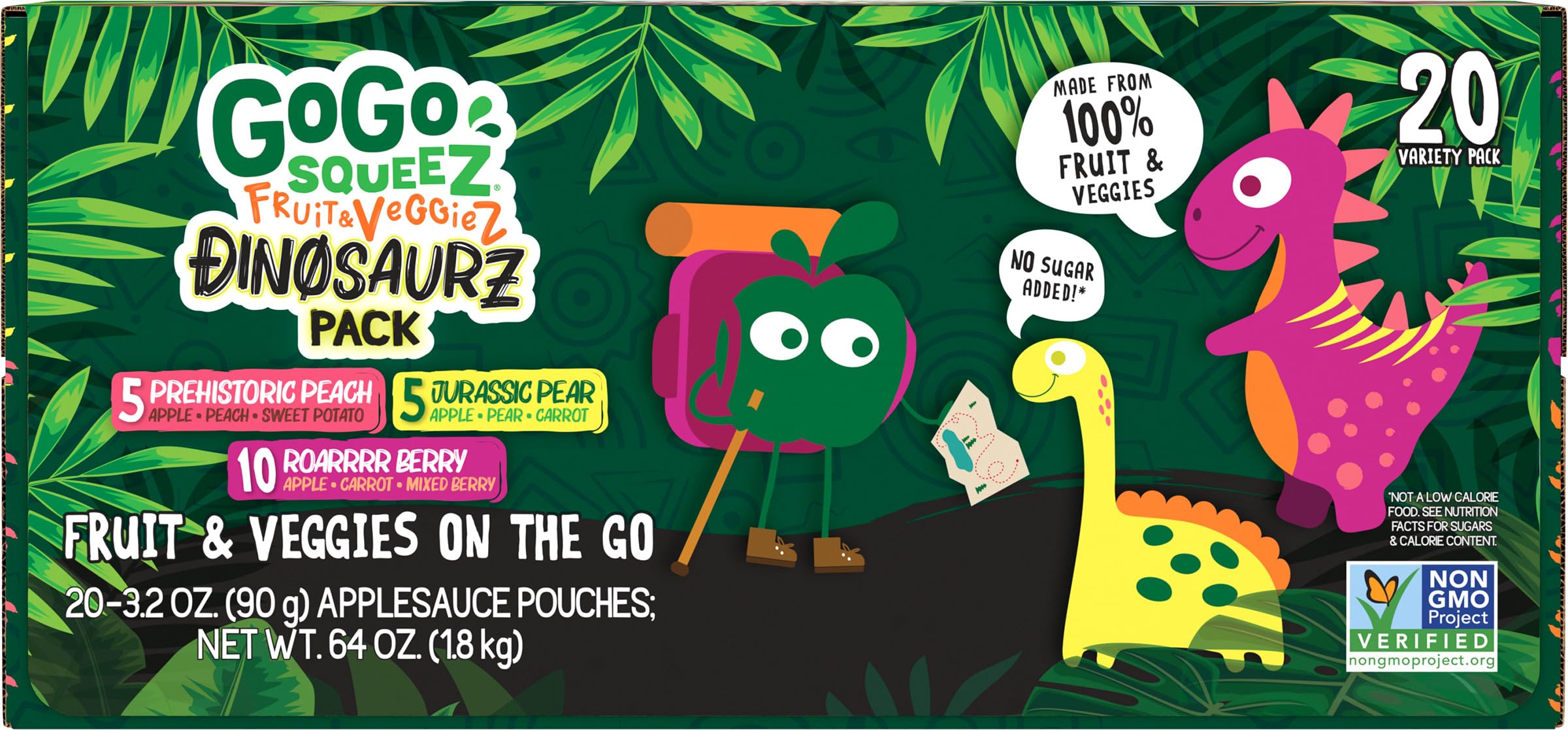 GoGo squeeZ Fruit & veggieZ Applesauce and Puree Variety Pack, Jurassic Pear, Roarrrr Berry & Prehistoric Peach, 3.2 oz (Pack of 20), Unsweetened Snacks for Kids, BPA Free Pouches: Dino Variety Pack