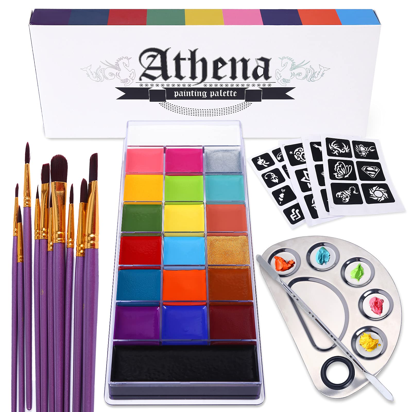 UCANBE Athena Face Body Paint Oil Palette, Professional Flash Non Toxic Safe Tattoo Halloween FX Party Artist Fancy Makeup Painting Kit For Kids and Adult: Athena Palette Set