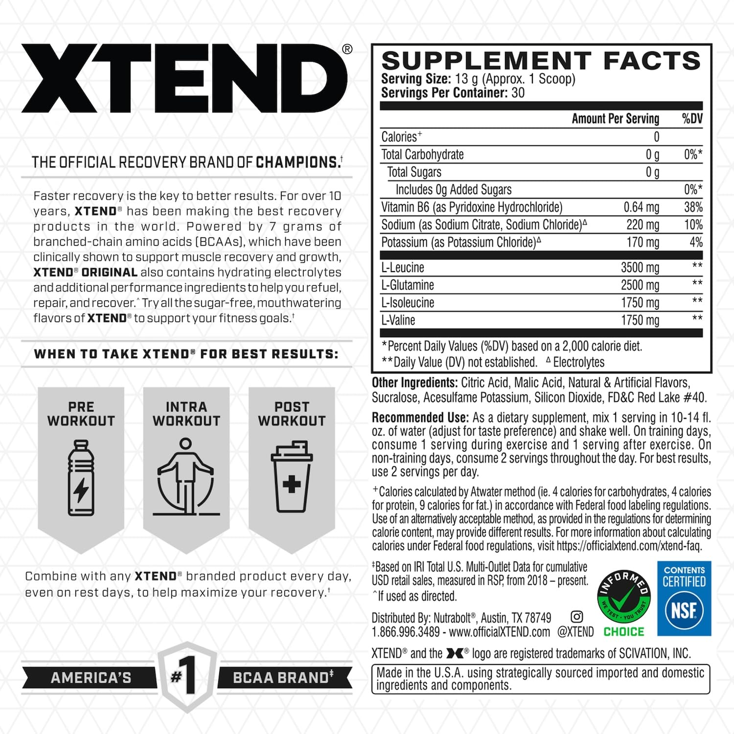 Xtend XTEND Original BCAA Powder 7g BCAA and 2.5g L-Glutamine, Sugar Free Post Workout Muscle Recovery Drink with Amino Acids for Men & Women, 90 Servings