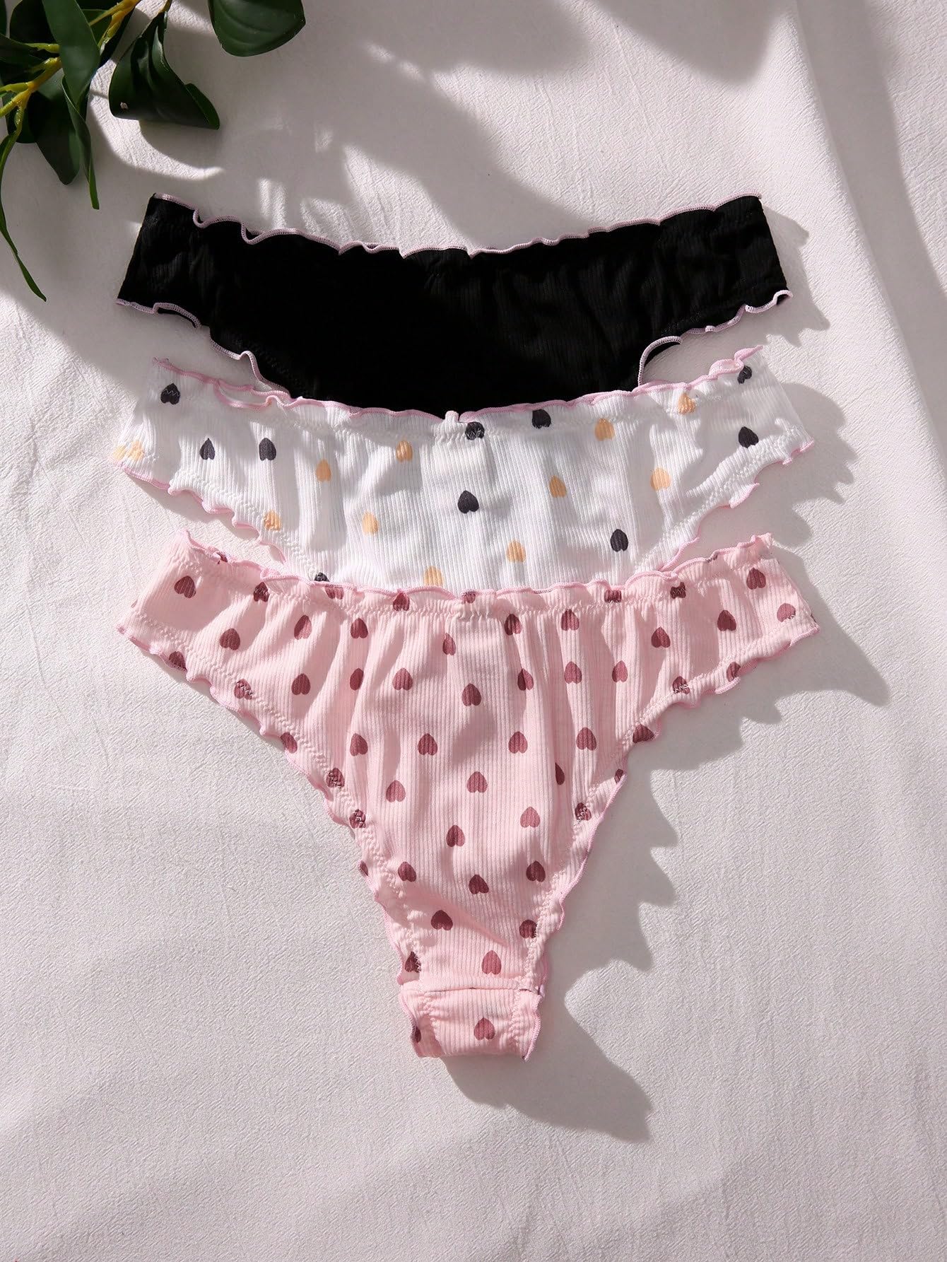 SHENHE Women's 3 Packs Underwear Heart Print Cute Panties Lettuce Trim Mid Rise Comfy Briefs: Large Black White Pink