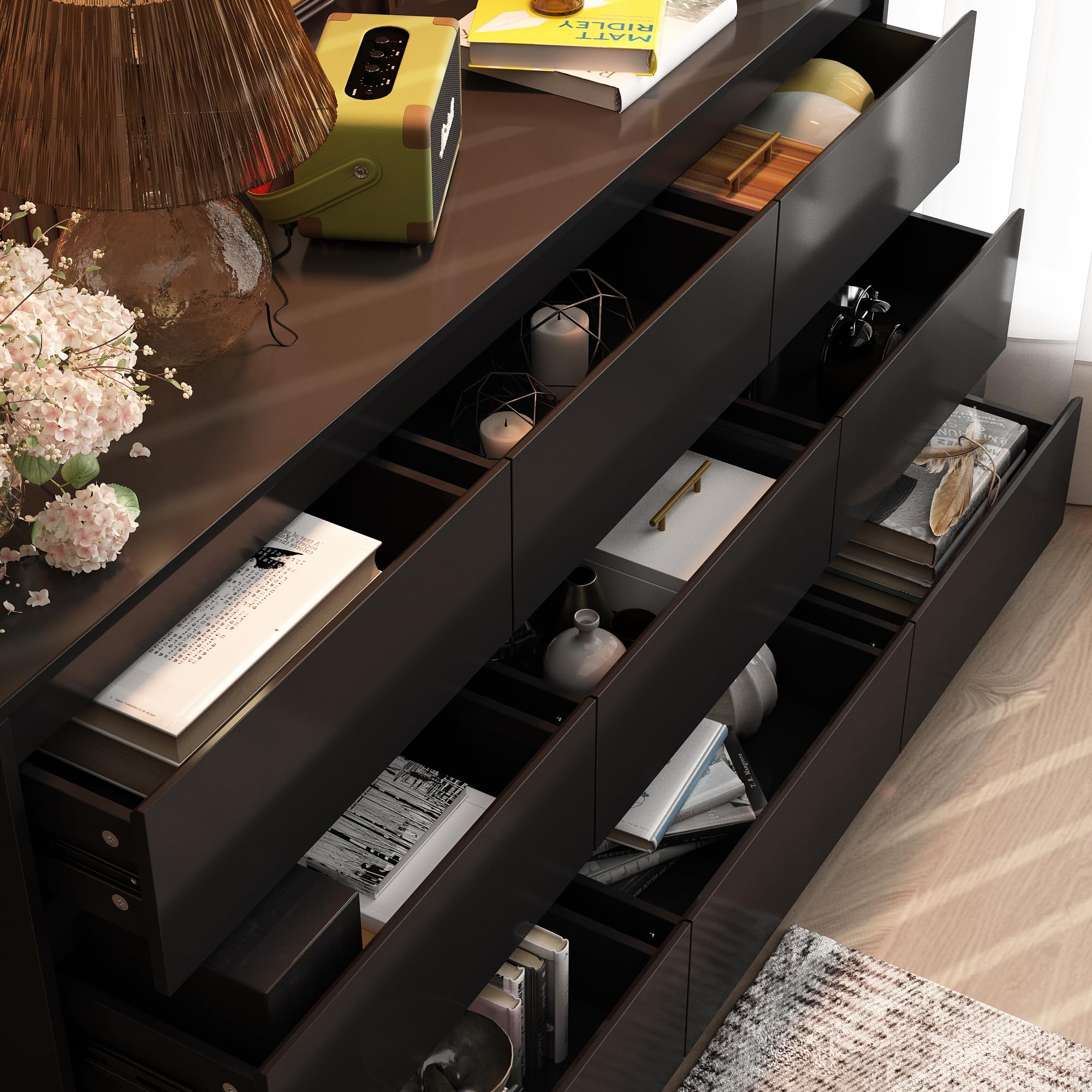 Hitow 9 Drawer Dresser for Bedroom with Deep Drawers, Large Floor Wood Dressers & Chest of Drawers Handle Free, Modern White Long Dressers for Closet Living Room, Euro Slide (63"W x 15.7"D x 31.5"H) thumbnail 6