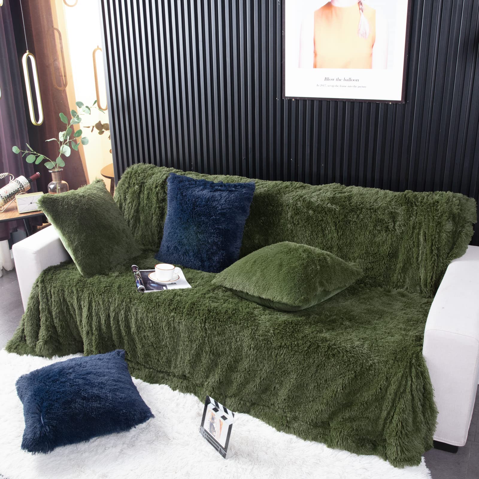 YUSOKI Olive Green Faux Fur Throw Blanket,2 Layers,50" x 60" Cozy Plush Fluffy Blanket Furry Fuzzy Warm Cute Shaggy Blanket for Fall Bed Living Room Décor Baby Women Pet: Queen90" x 90" Olive Green