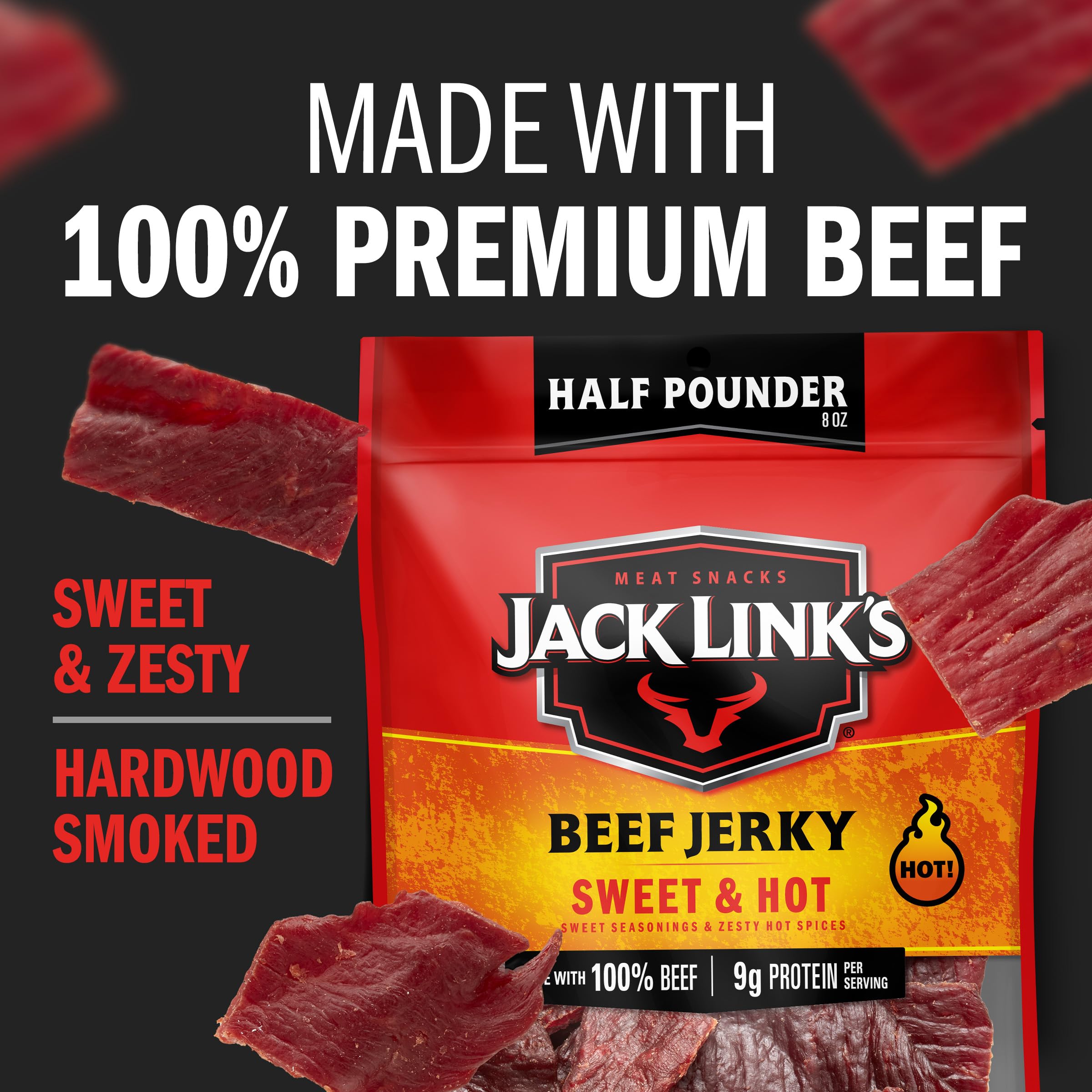 Jack Link's Beef Jerky, Teriyaki, Half Pounder Large Jerky Bag - Flavorful Meat Snack, Ready to Eat Protein Snacks with 11g of Protein per Serving, Made with 100% Beef: Sweet &amp; Hot 8 Ounce (Pack of 1)