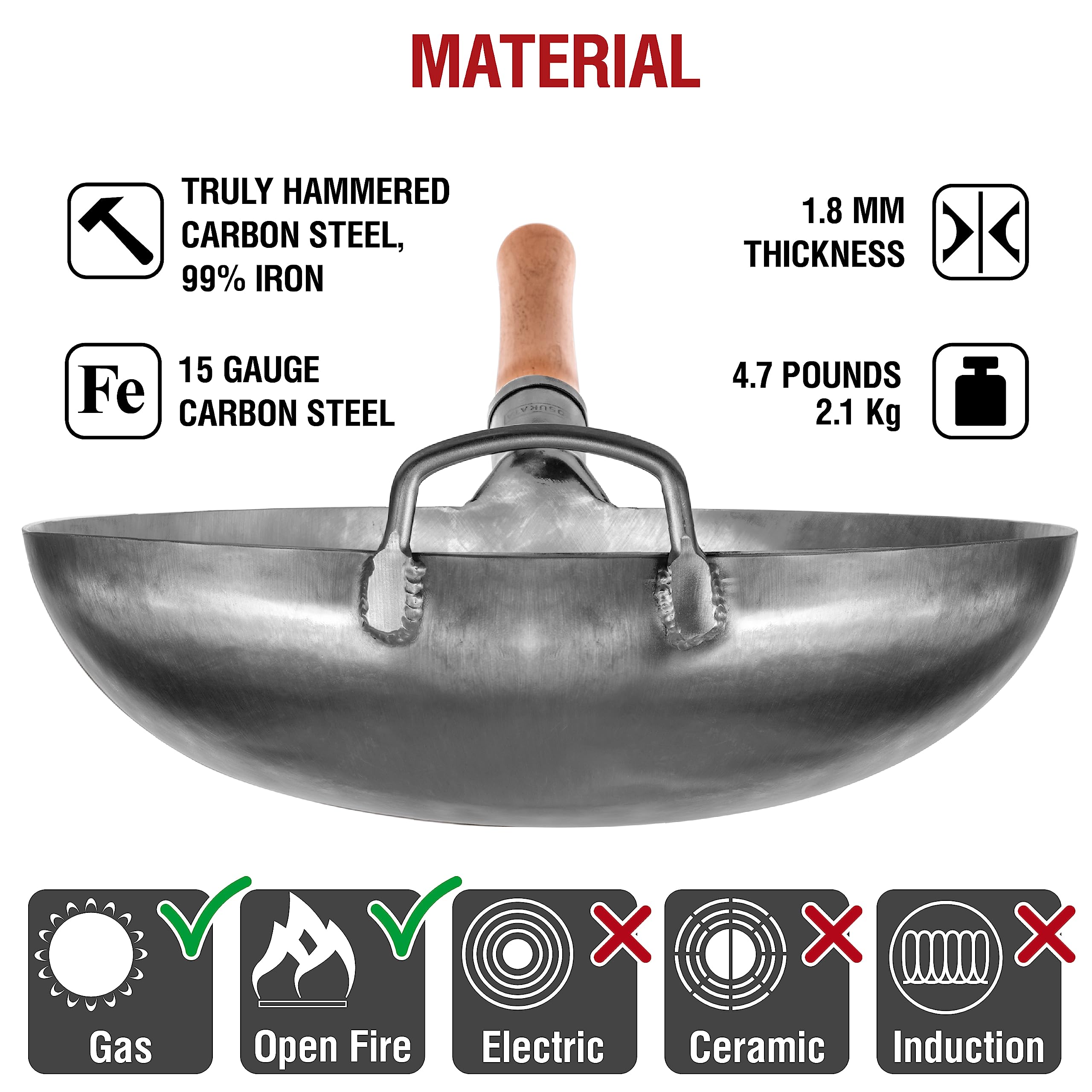 YOSUKATA 14” Round Bottom Carbon Steel Wok Pan – Blue Pre-Seasoned Pow Wok for Stir Fry, BBQ, Grill & Camping – Traditional Japanese & Chinese Cookware – Compatible with Gas Stoves & Open Fire Only: 14" Silver