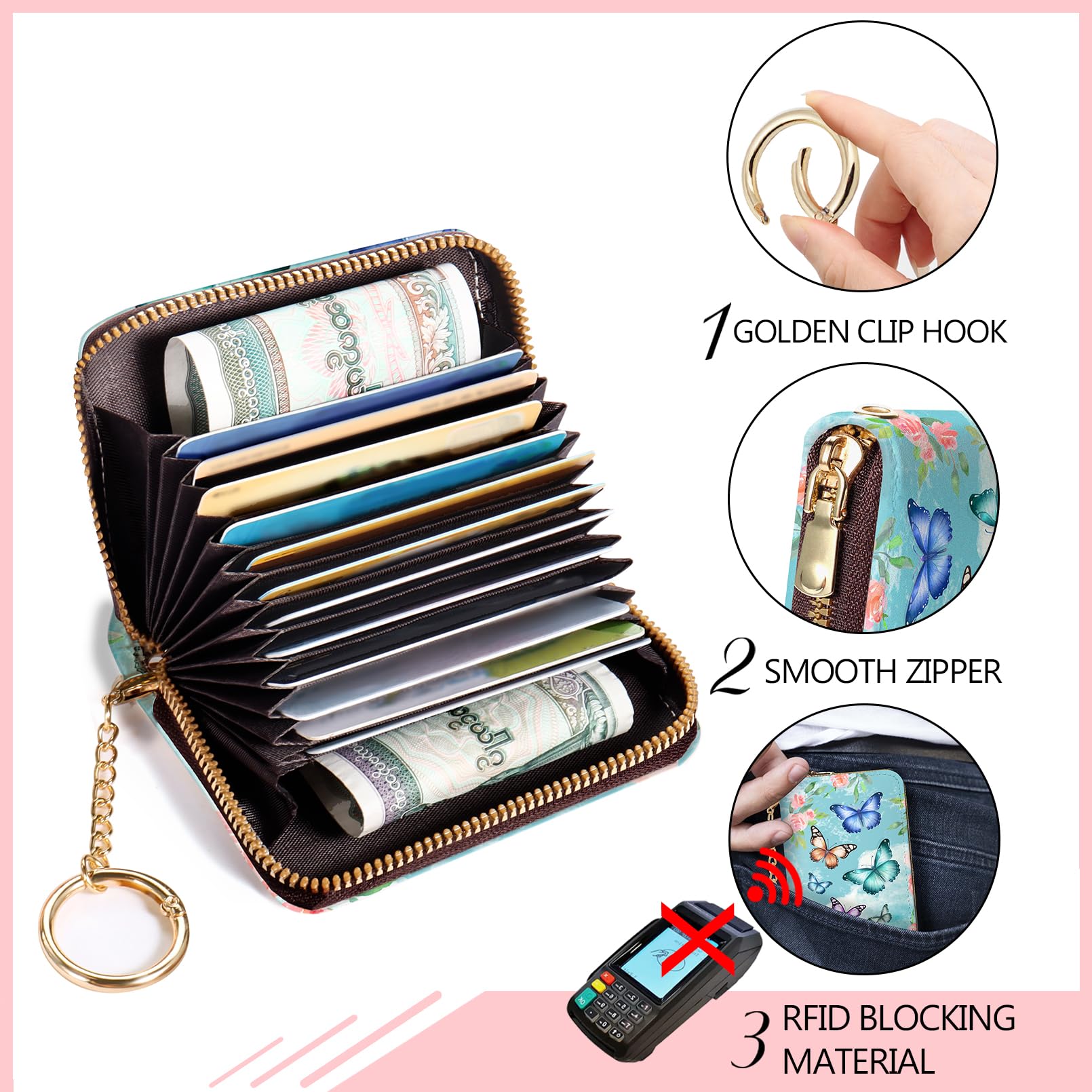 Credit Card Holder for Women, Gothic Floral Small RFID Wallet with Zipper, Card Keychain Wallet, Leather Wallet Card Case, Business Accordion Wallet Gift: Butterfly