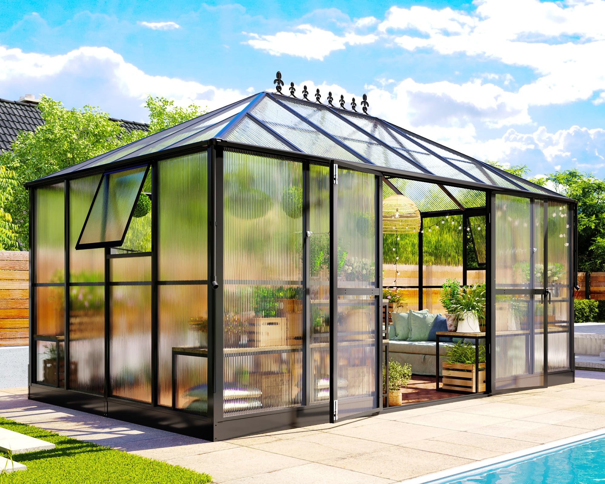 Jocisland 16x12x9.5 FT Polycarbonate Greenhouse- 6 FT Wall Height Outdoor Aluminum Greenhouses with 2 Ventilation and Rain Gutter, Double Doors with Hook, Walk-in Greenhouse for Backyard Garden: 6mm PC Panels 14x9.5x9 FT