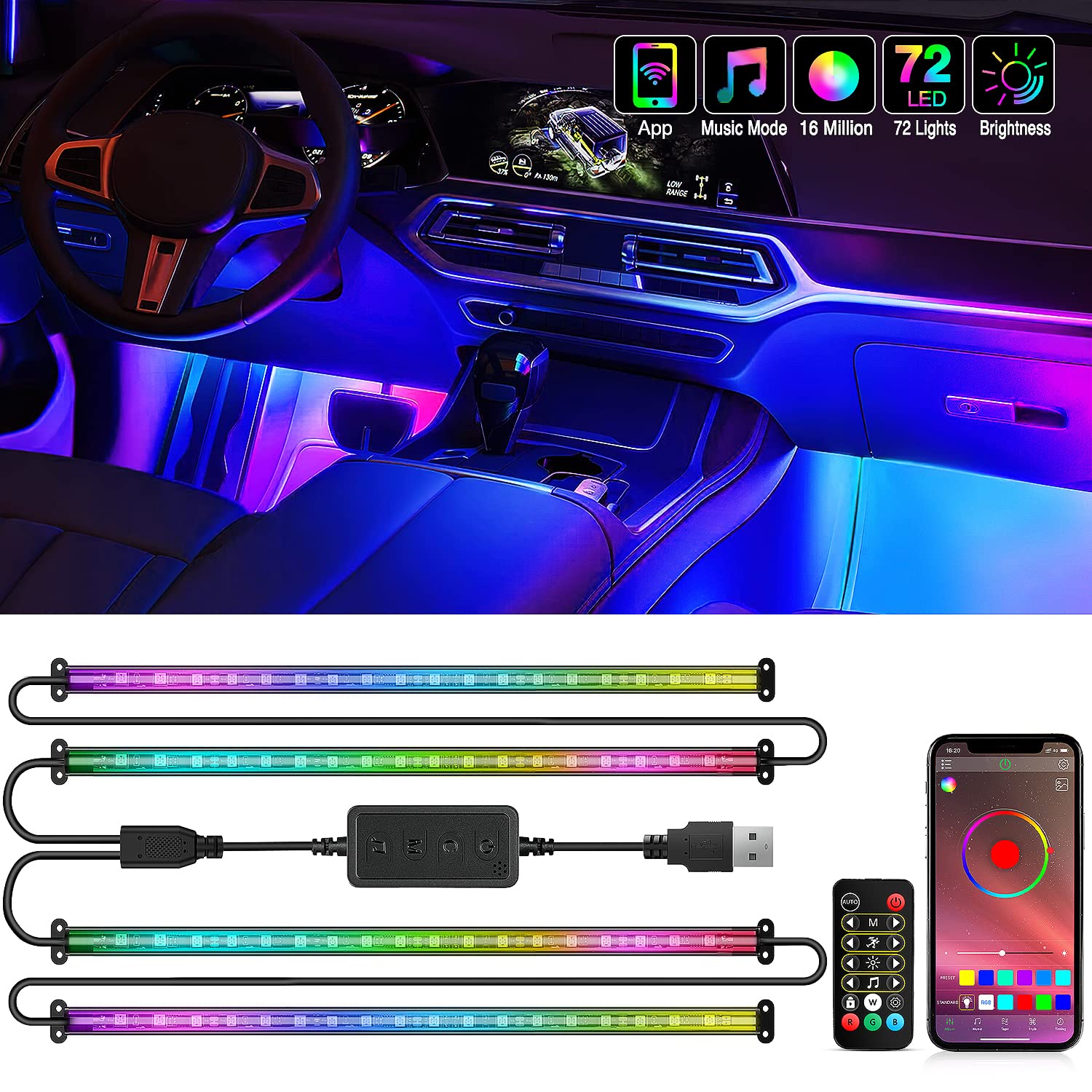 Nilight 72 LED USB Interior Strip Lights Dream Color RGB-IC 12V DC with App RF Remote Control Multicolor Footwell Under Dash Chasing Inside Light Kits 2 Lines Music Sync Mode for Cars Truck ATV UTV