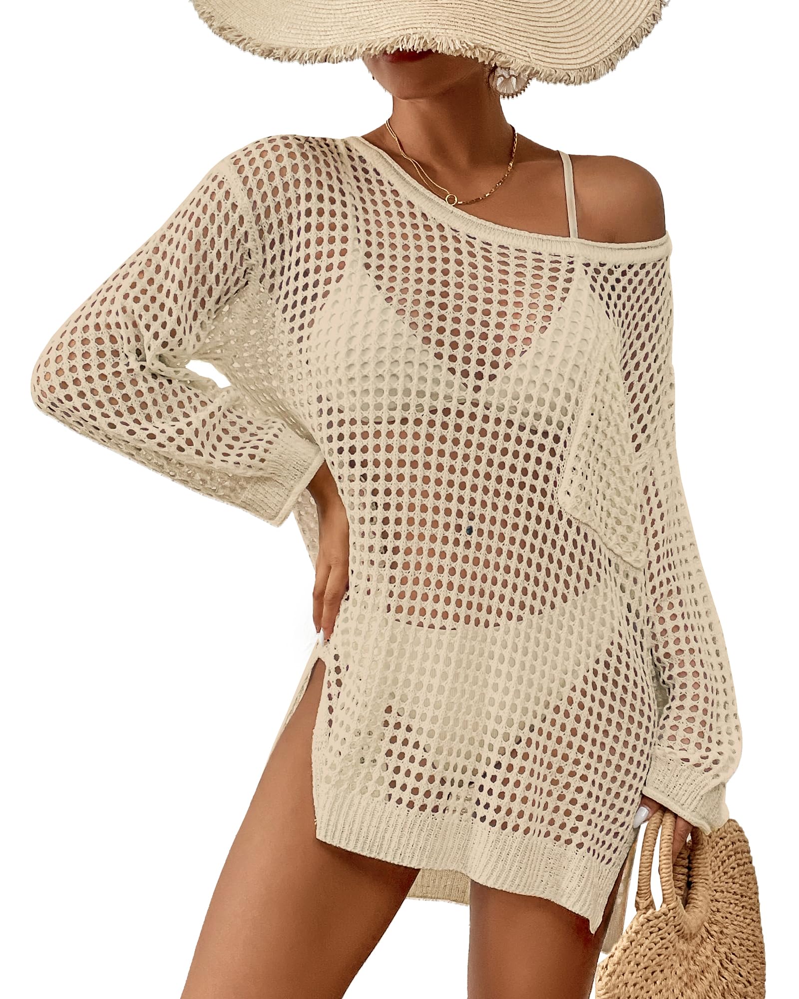 Bsubseach Crochet Cover Up for Swimwear Women Pool Swimsuit Coverup Long Sleeve Beach Knit Tops: Apricot
