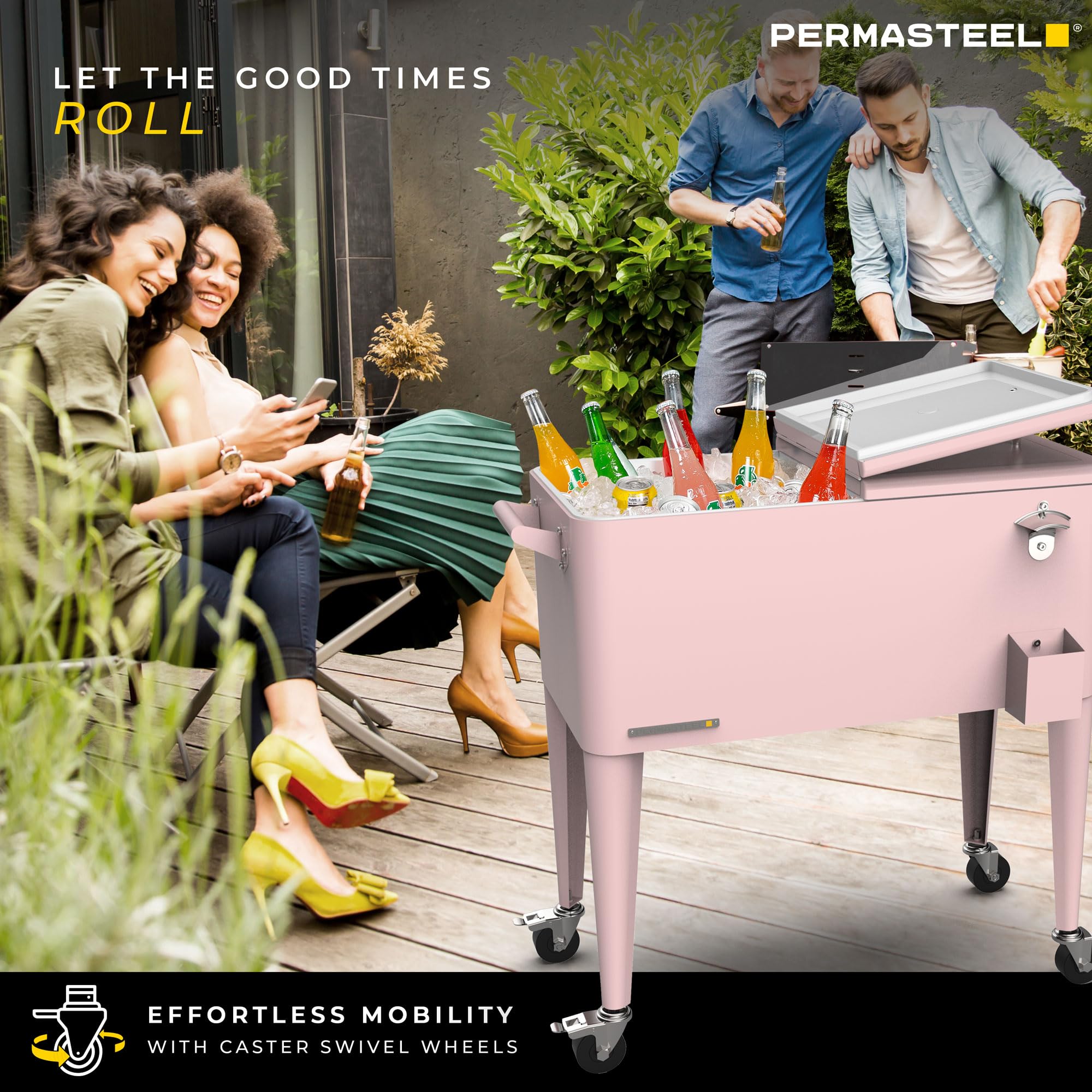 Permasteel 80-Qt Classic Outdoor Patio Cooler for Outside, Beverage Bar Cart With Wheels & Handles, Retro Design