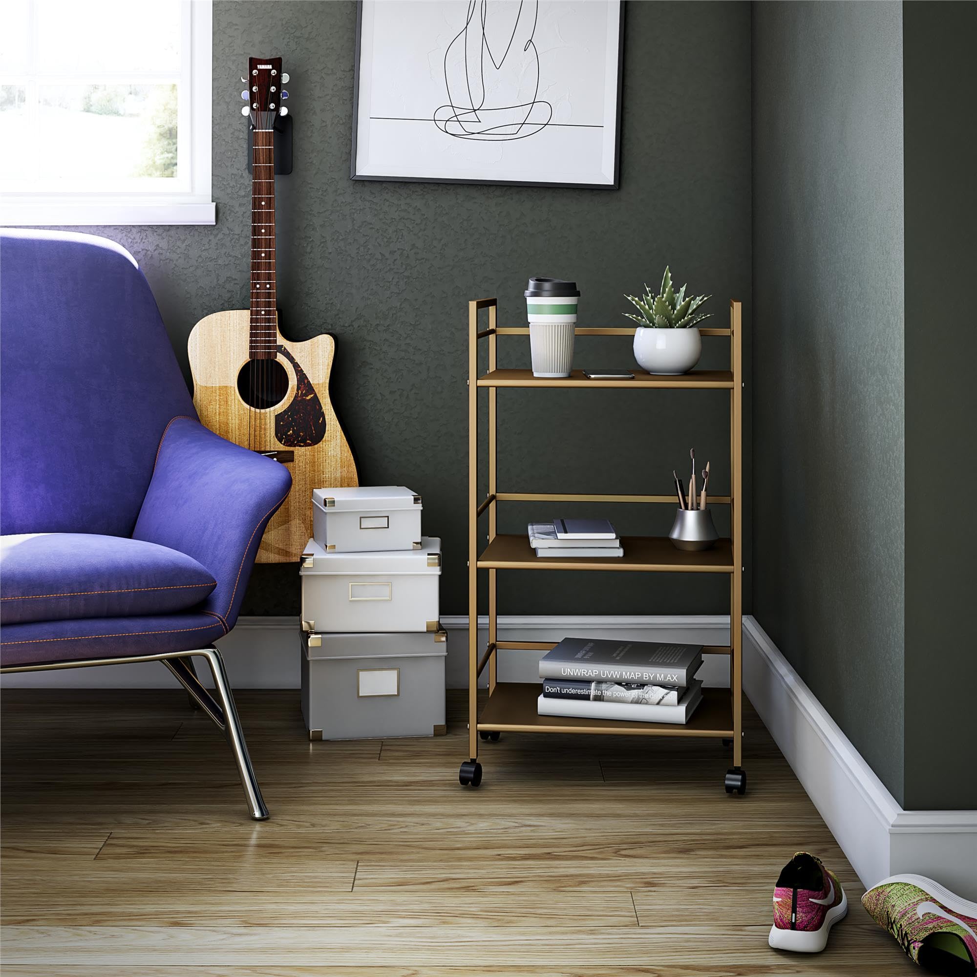 Novogratz Helix Small Bar Cart for the Home, 3 Tier Rolling Cart With Wheels, Kitchen Cart with Storage for Beverages and Wine, Gold: Novogratz Helix Small Bar Cart for the Home, 3 Tier Rolling Cart With Wheels, Kitchen Cart with Storage for Beverages and Wine, Gold
